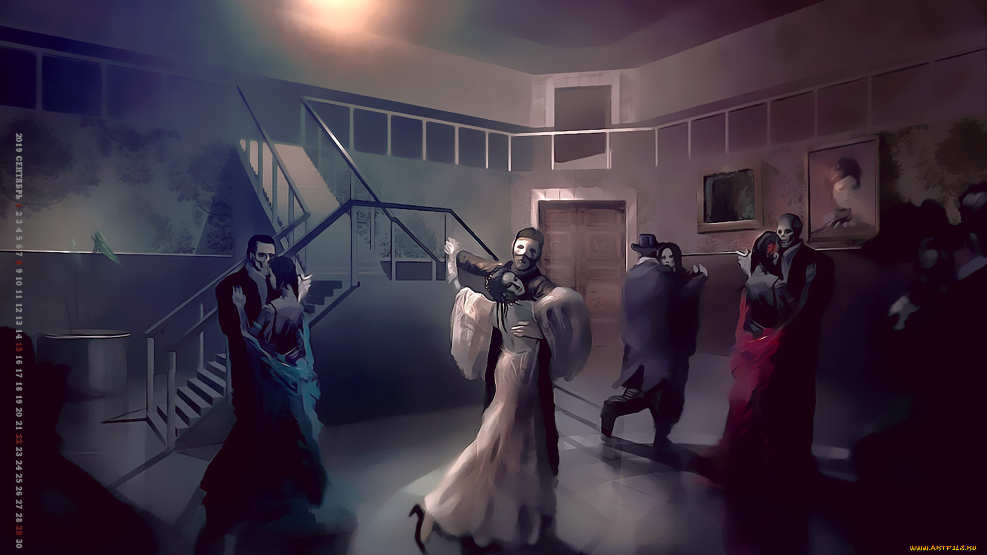 календари, рисованные, , векторная, графика, 2019, calendar, девушка, мужчина, женщина, картина, помещение, танец, маска