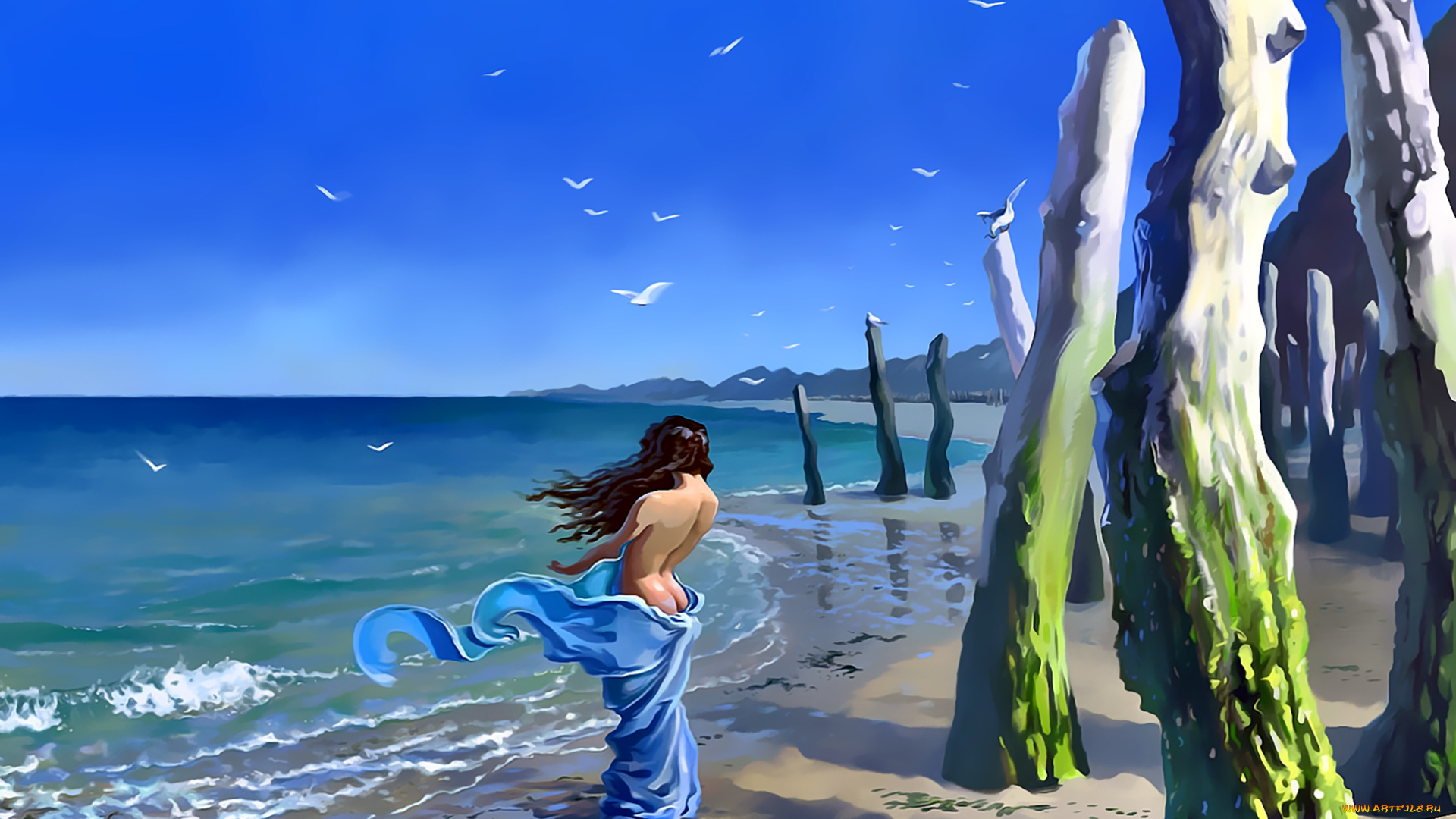 календари, рисованные, , векторная, графика, 2019, ствол, calendar, берег, девушка, водоем