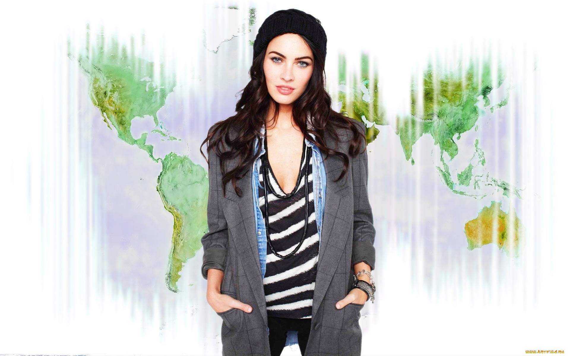 девушки, megan, fox, актриса, шапка, шатенка, бусы, пальто, карта