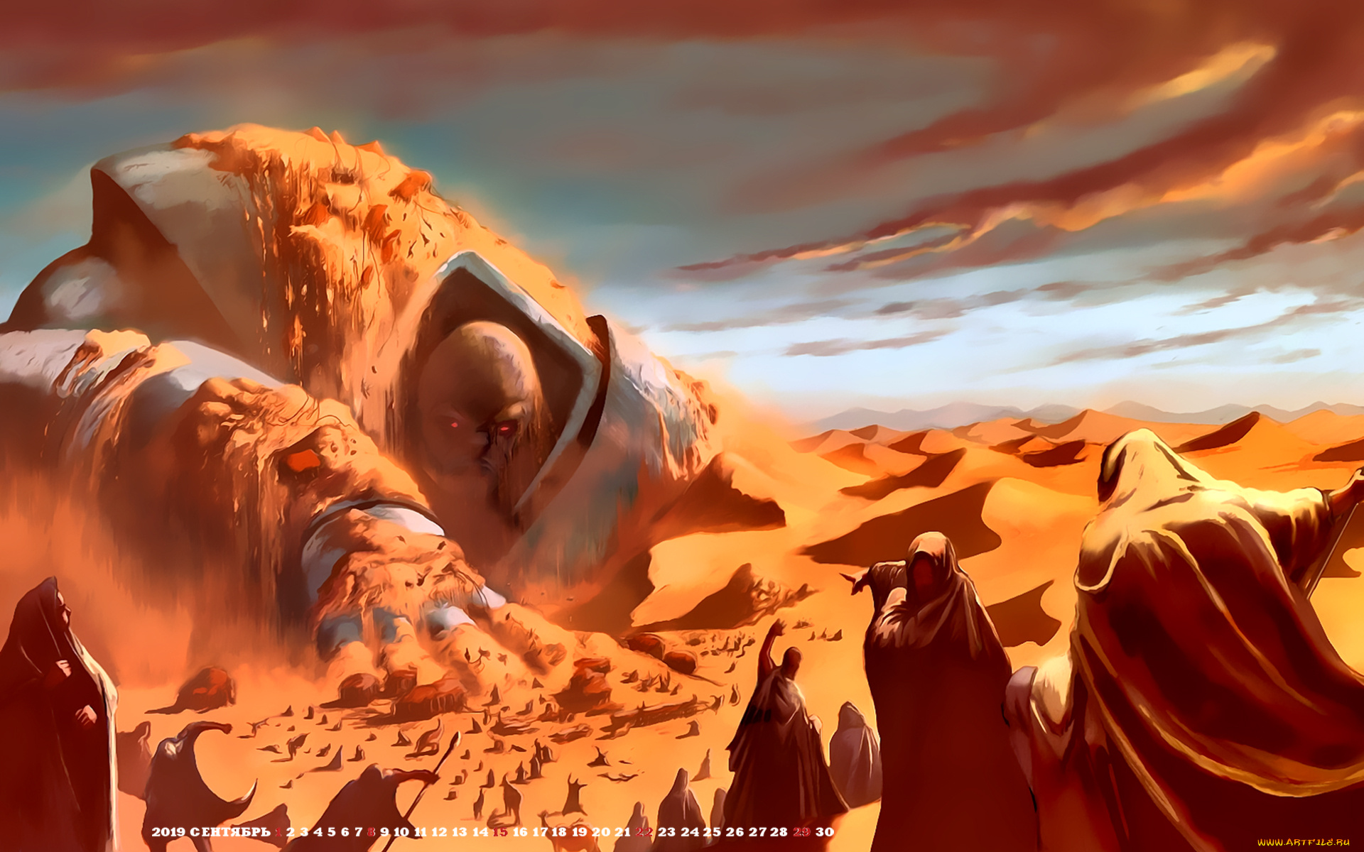 календари, фэнтези, песок, робот, 2019, calendar, люди, пустыня