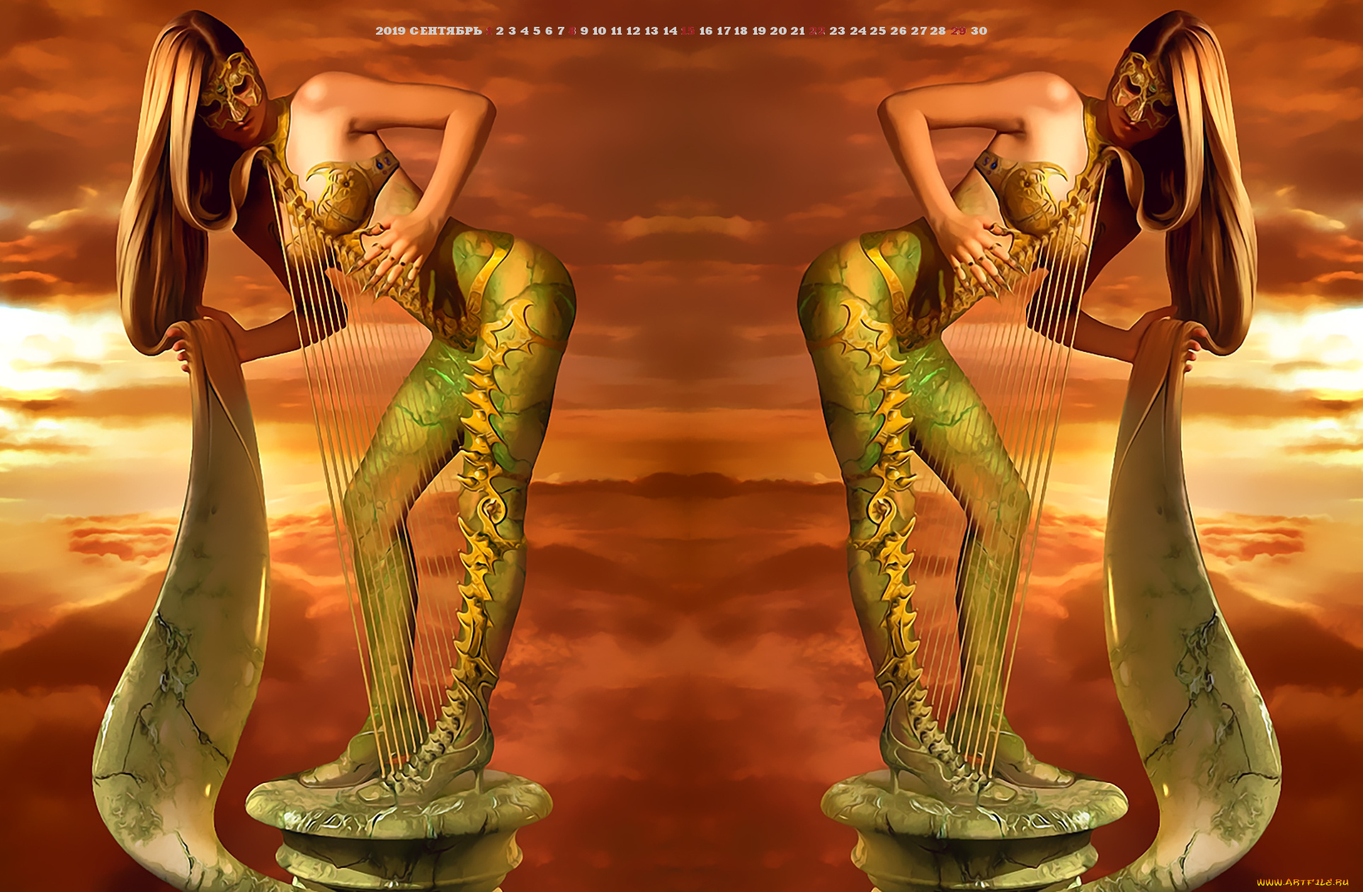 календари, 3д-графика, маска, 2019, calendar, арфа, музыка, девушка