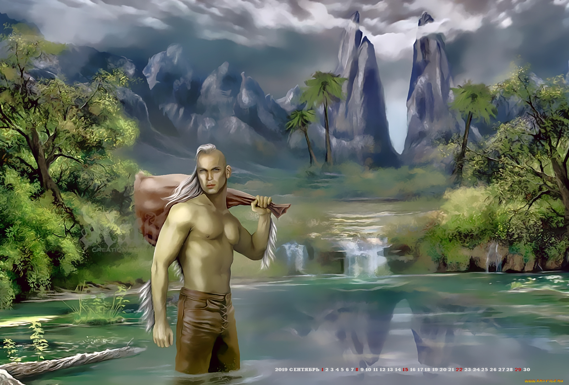 календари, фэнтези, calendar, растение, дерево, природа, гора, водоем, 2019, мужчина