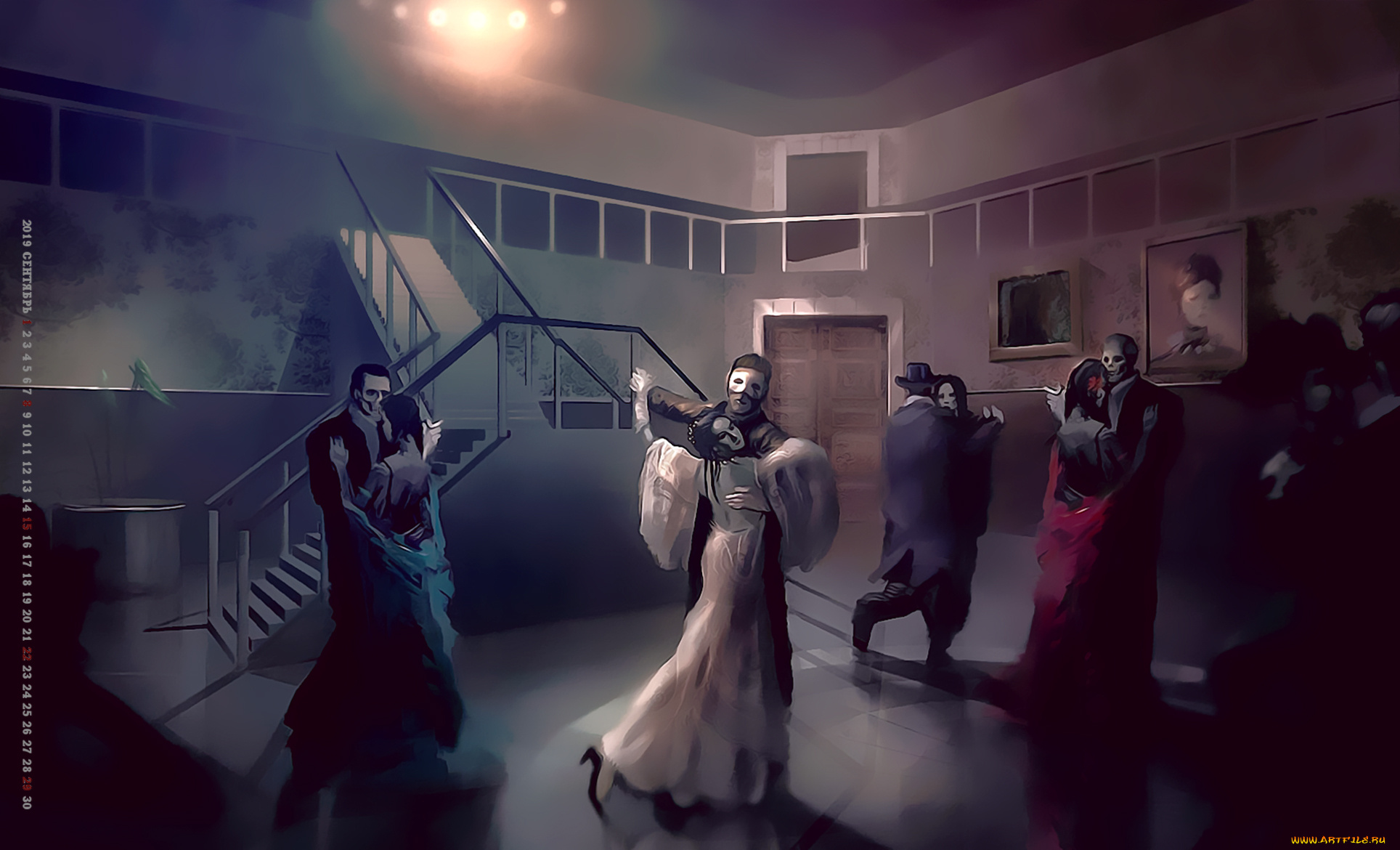 календари, рисованные, , векторная, графика, 2019, calendar, девушка, мужчина, женщина, картина, помещение, танец, маска