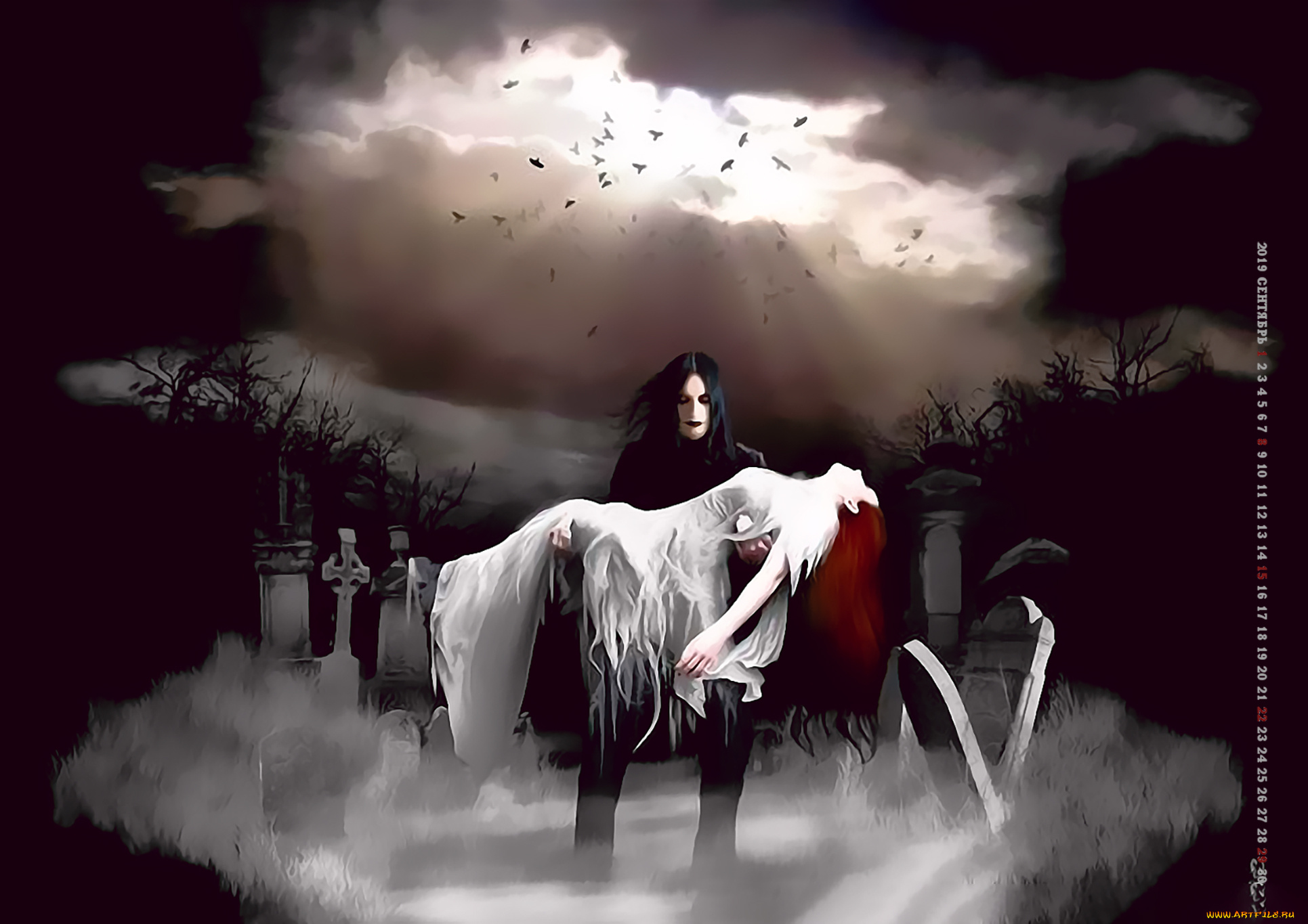 календари, фэнтези, 2019, девушка, мужчина, кладбище, крест, женщина, calendar