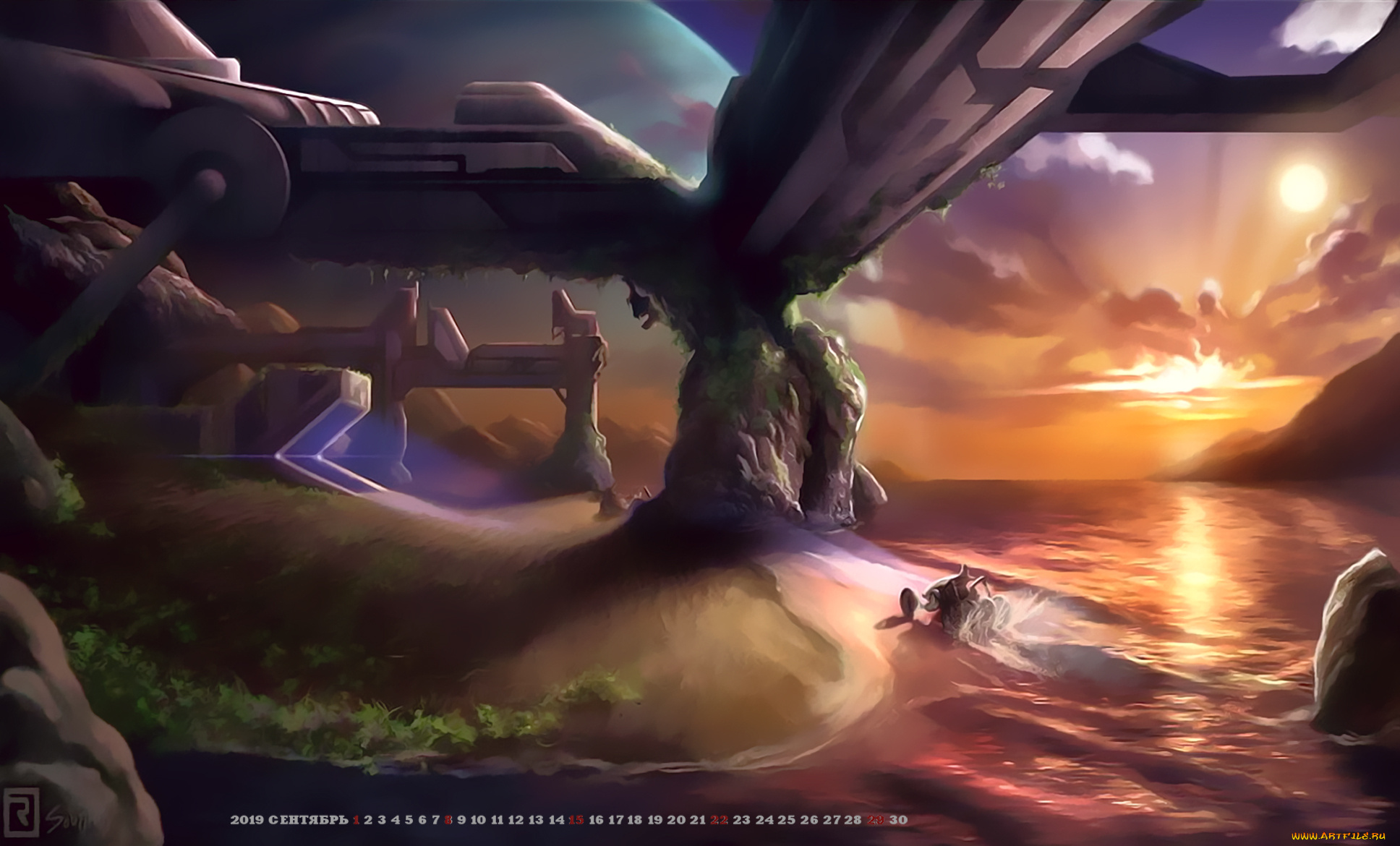 календари, фэнтези, водоем, закат, сооружение, планета, calendar, 2019