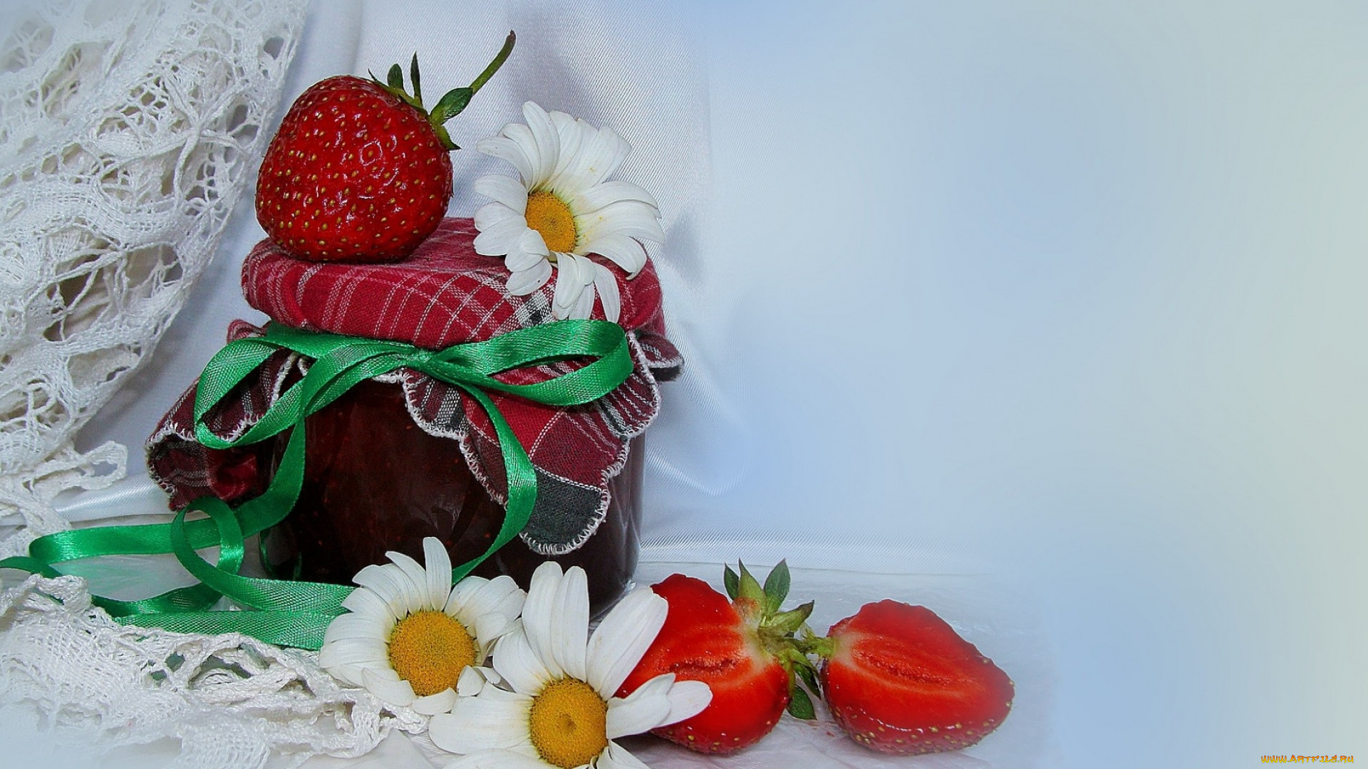 еда, клубника, , земляника, ромашки