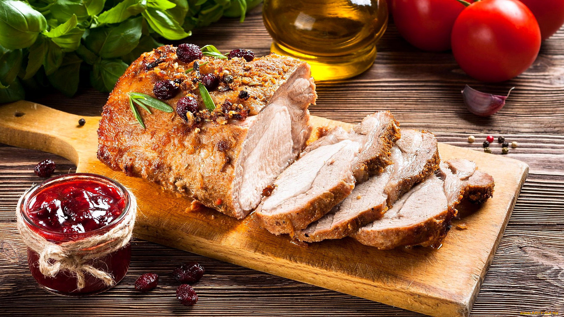 еда, мясные, блюда, базилик, буженина, помидоры, джем