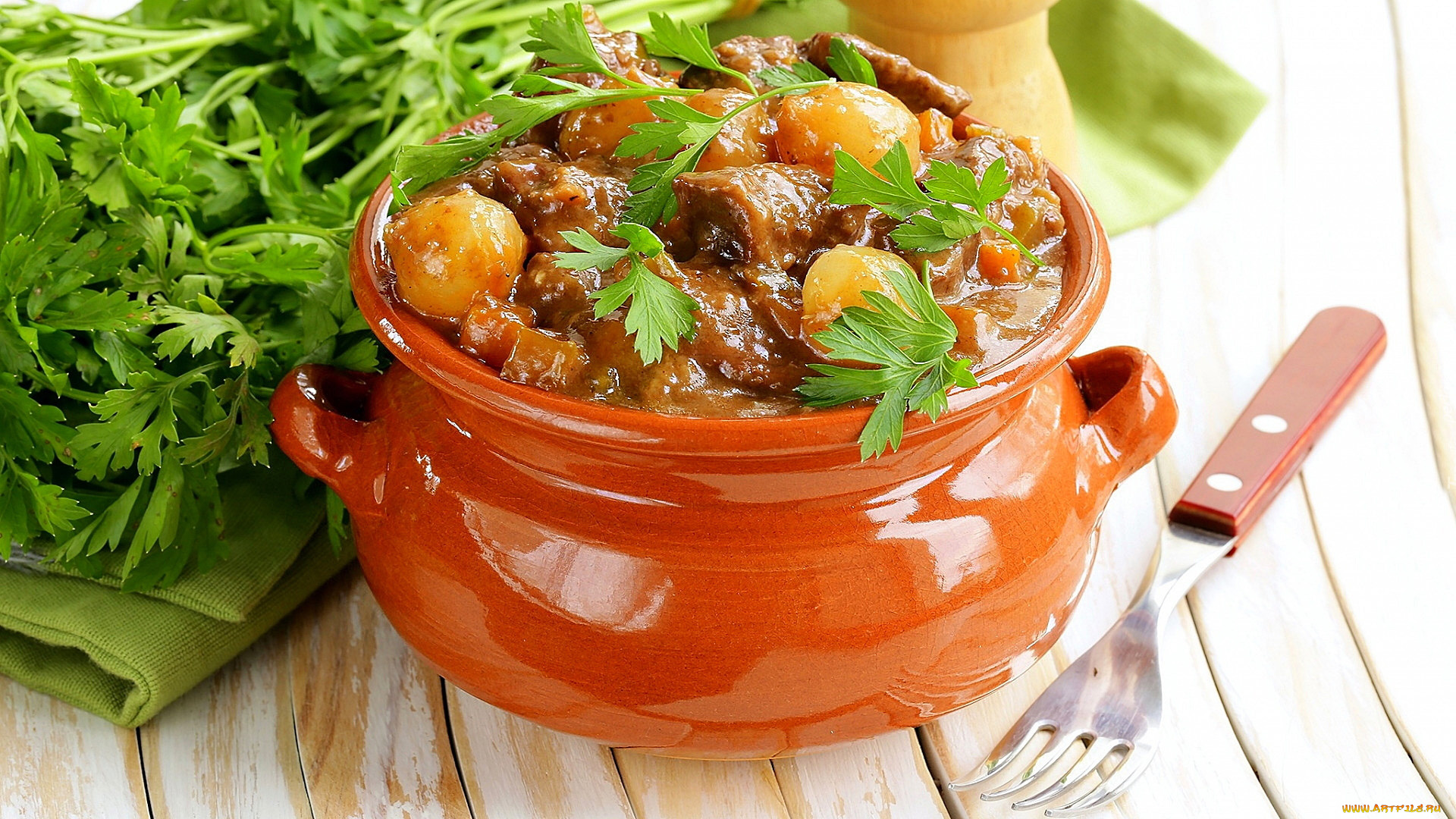 еда, мясные, блюда, петрушка, горшок, жаркое