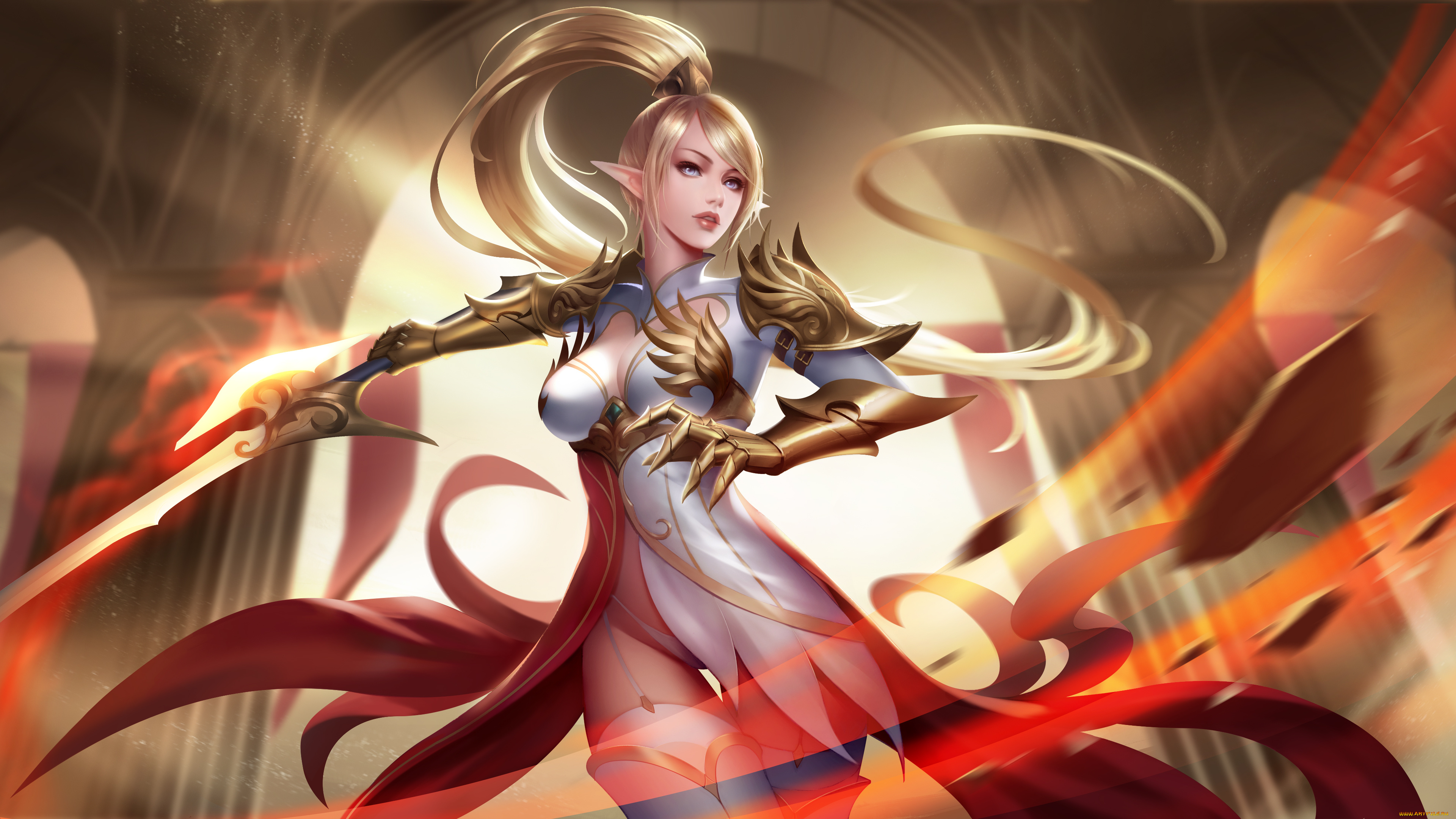 фэнтези, эльфы, девушка, фон, ушки, униформа, меч