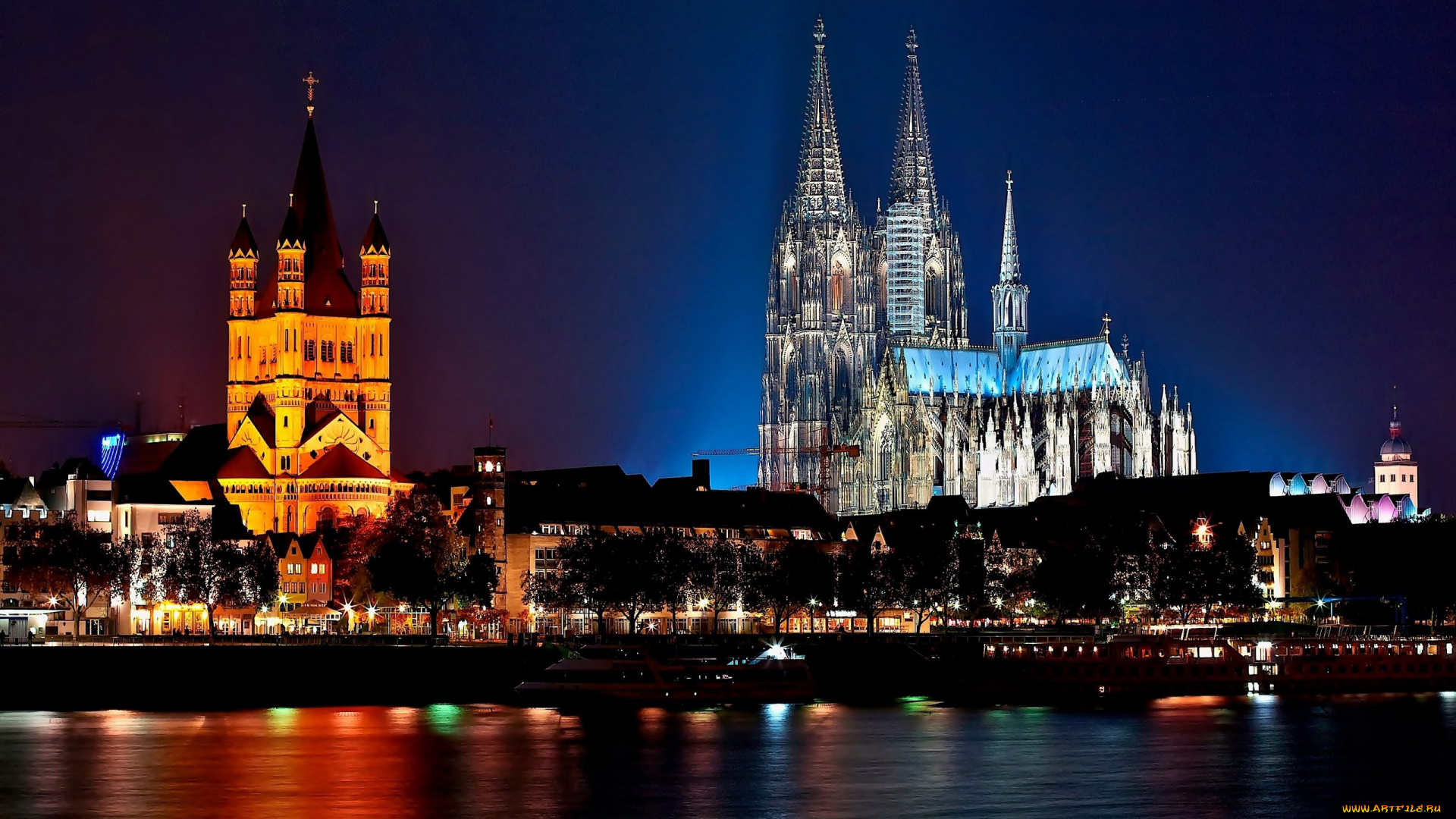 города, кельн, , германия, собор, вечер, огни