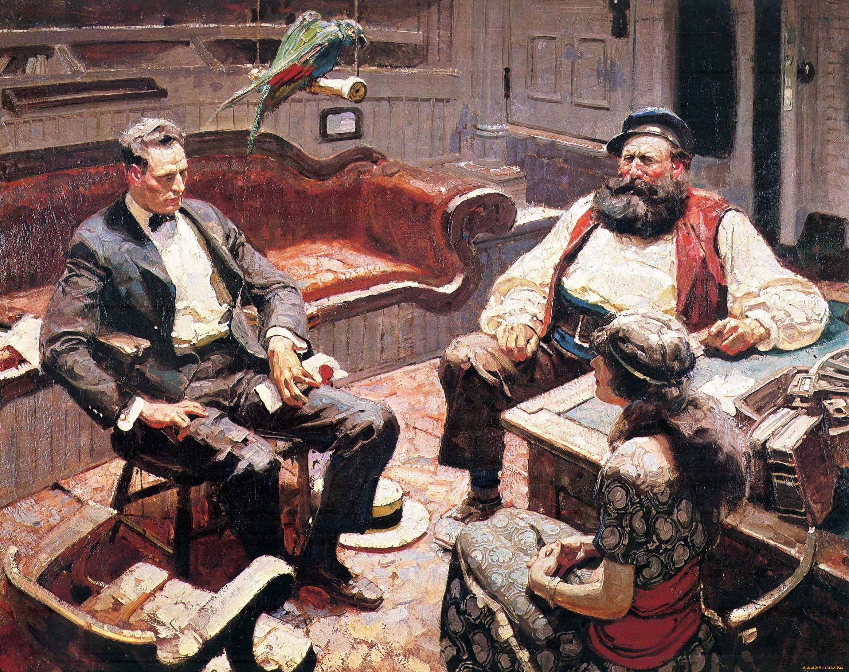 рисованное, dean, cornwell, люди, разговор, попугай