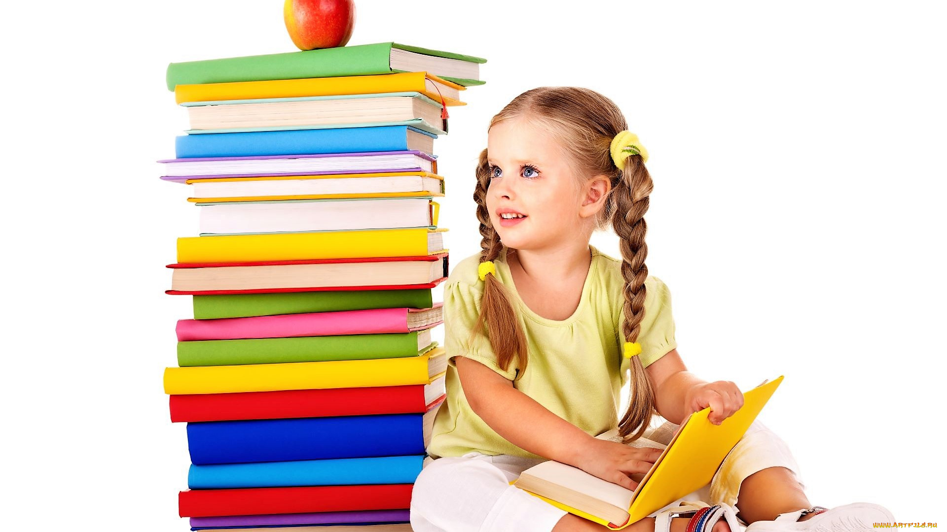 разное, дети, девочка, косы, книги, яблоко