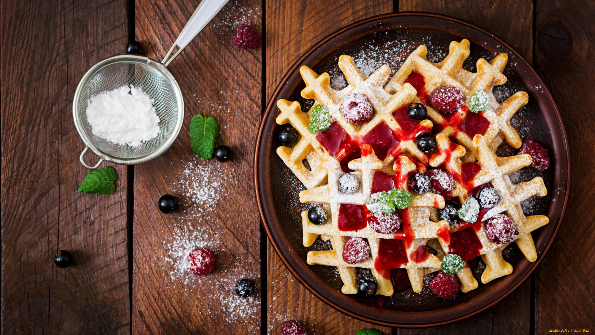 еда, блины, , оладьи, ягоды, вафли, малина, сахарная, пудра, мята, десерт
