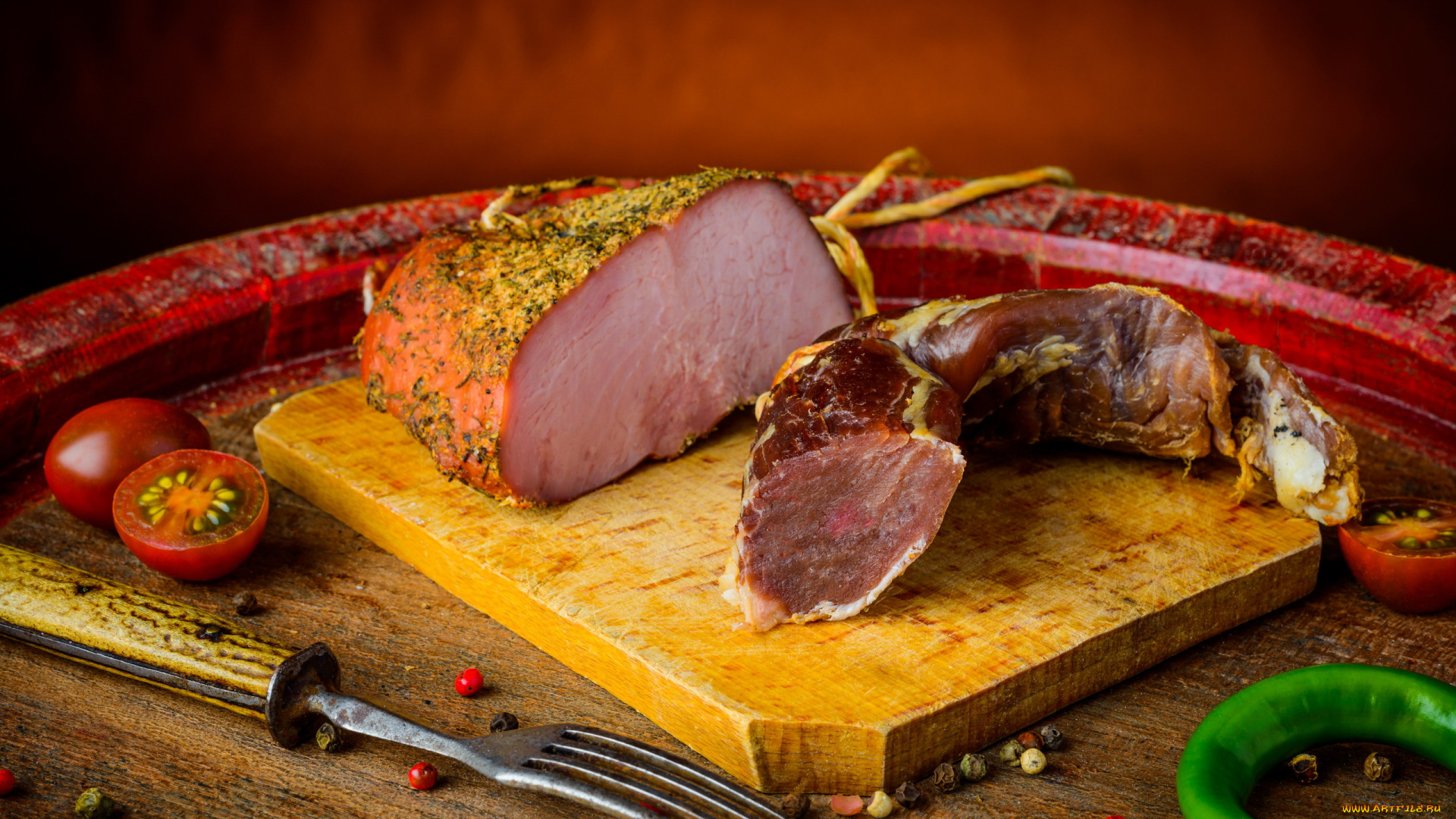 еда, колбасные, изделия, перец, помидор, вяленое, копченое, мясо