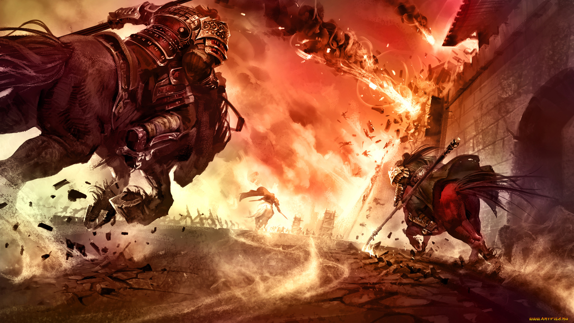 фэнтези, люди, бой, конь, огонь, копьё