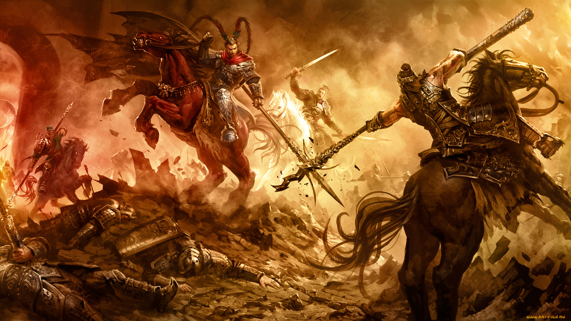 фэнтези, люди, мужчины, рыцари, конь, битва