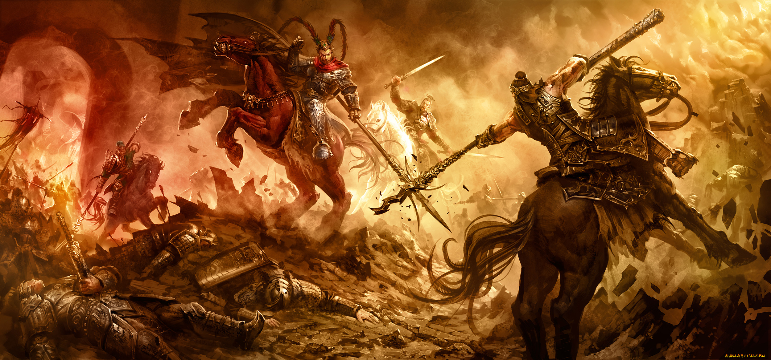 фэнтези, люди, мужчины, рыцари, конь, битва