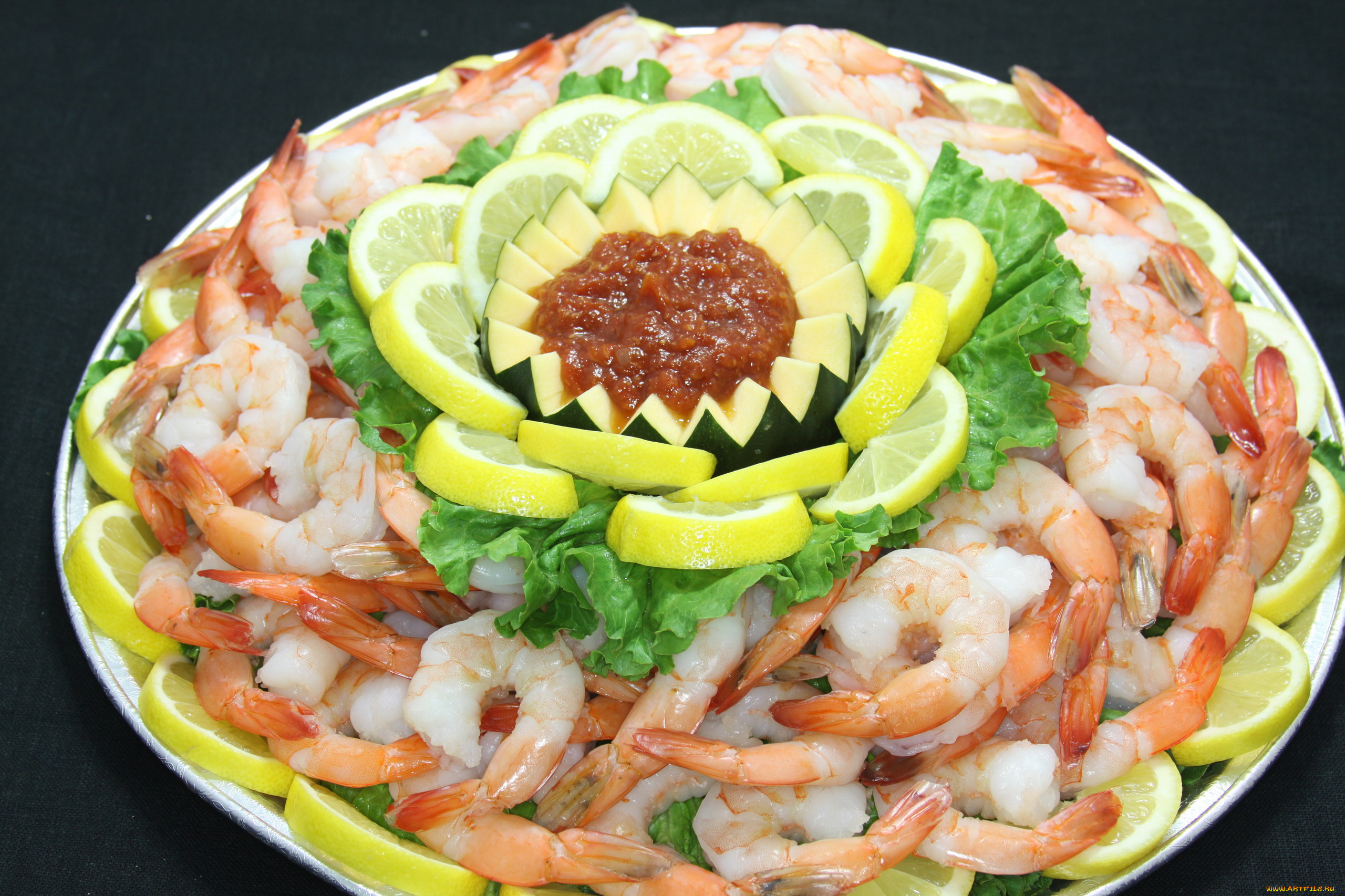 еда, рыбные, блюда, , с, морепродуктами, лимон, соус, креветки