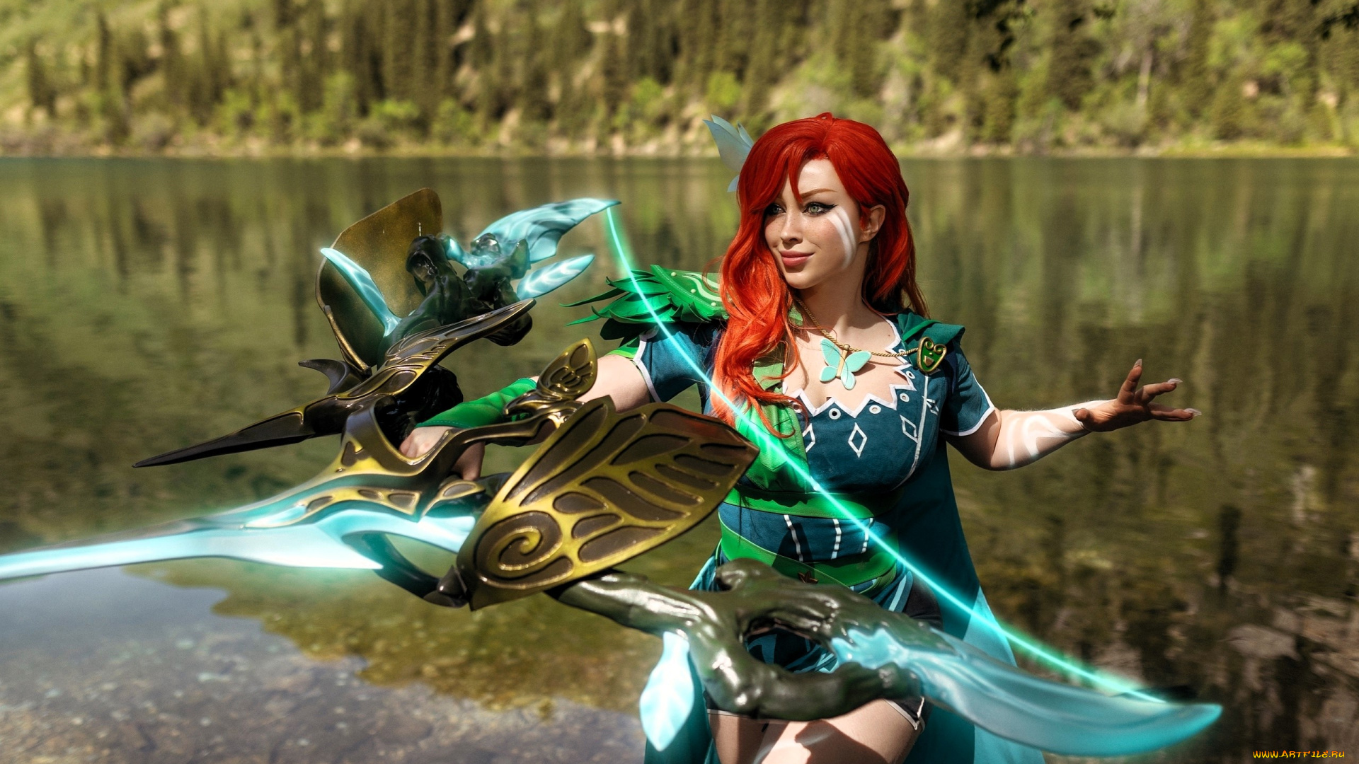 девушки, мария, давыдова, , lady, melamori, образ, косплей, наряд, костюм, лук, озеро, горы, лес