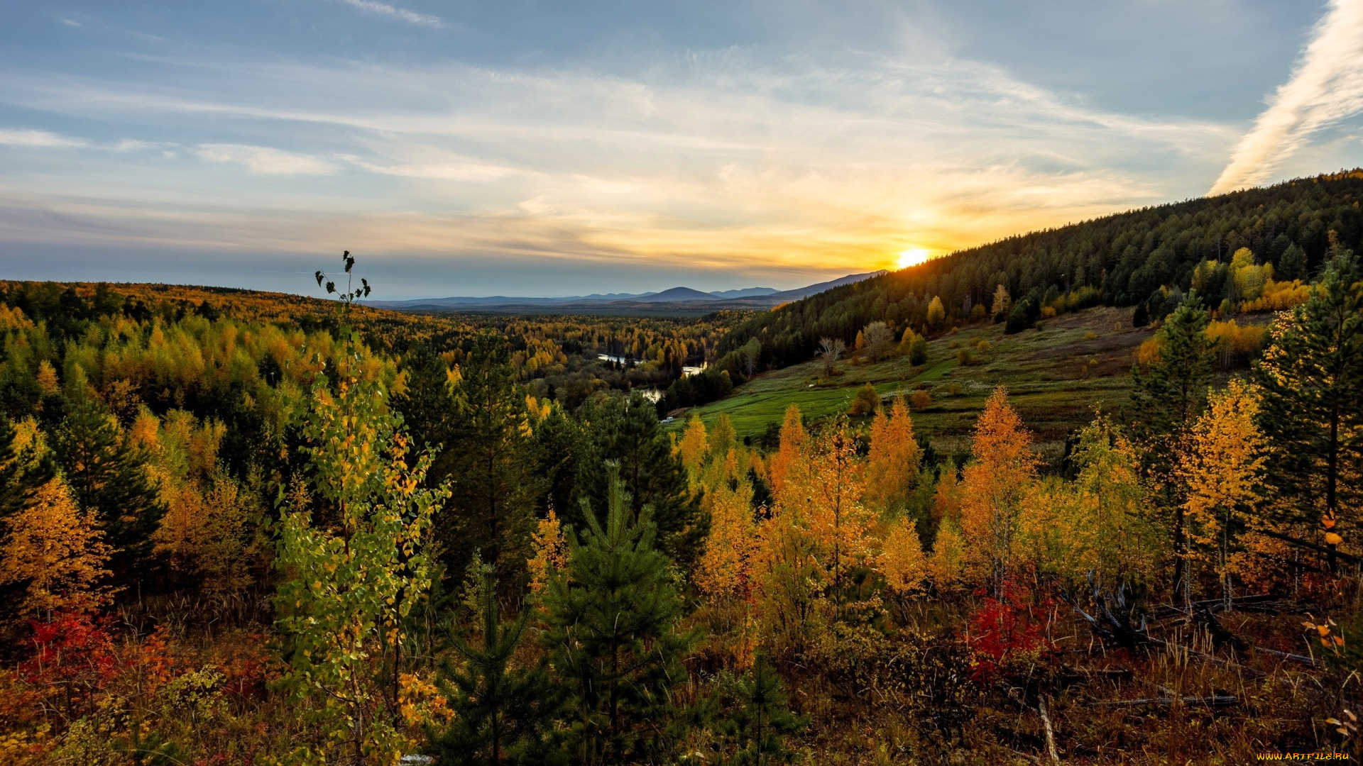 природа, горы, закат, река, лес, осень