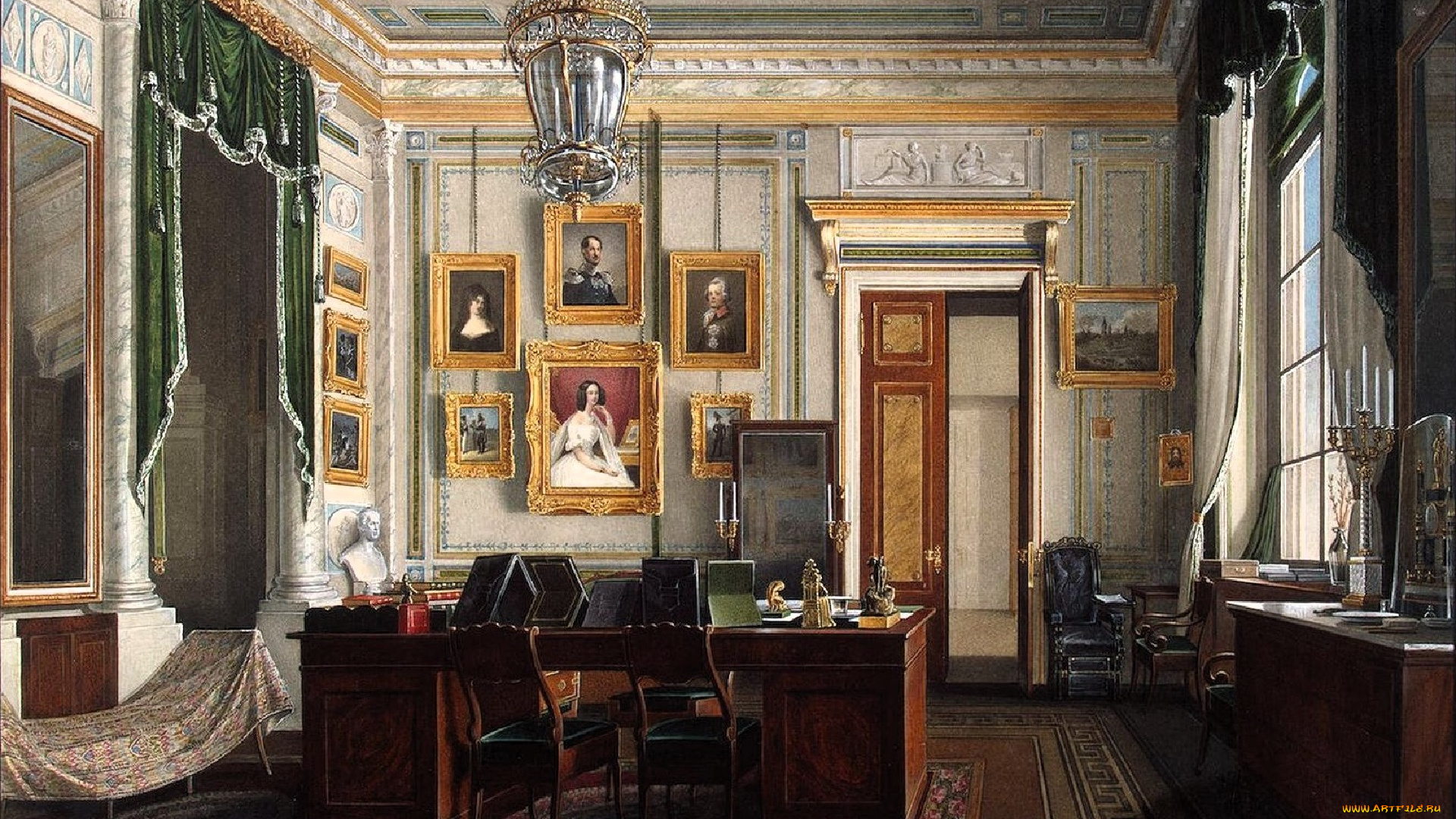 рисованное, эдуард, гау, дворец, интерьер, кабинет, лепнина, стулья, стол, ковер, картины, шторы