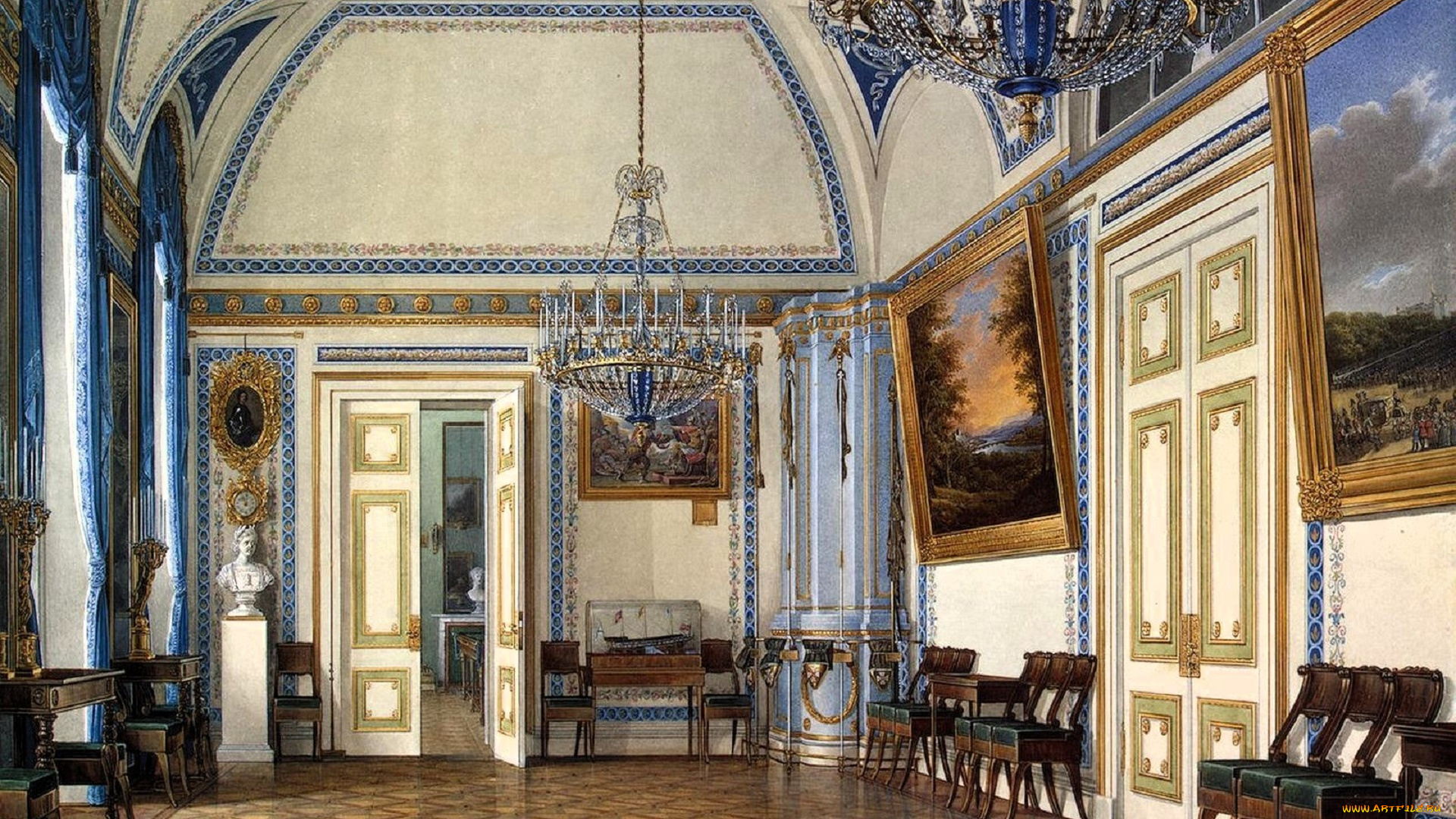 рисованное, эдуард, гау, дворец, интерьер, зал, лепнина, люстра, двери, картины, стулья