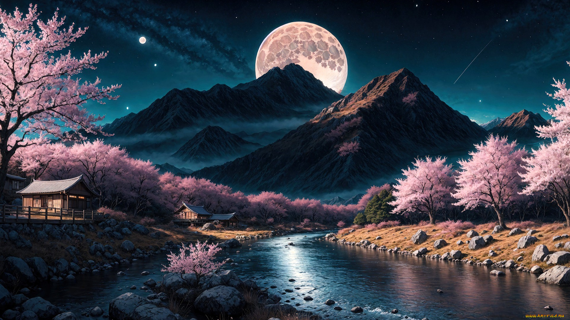 рисованное, природа, горы, луна, река, деревья, сад, дом