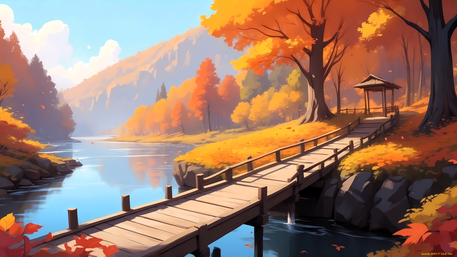 рисованное, природа, горы, осень, лес, река, мост