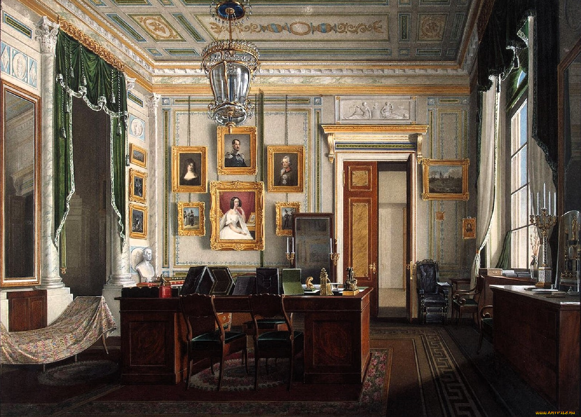 рисованное, эдуард, гау, дворец, интерьер, кабинет, лепнина, стулья, стол, ковер, картины, шторы