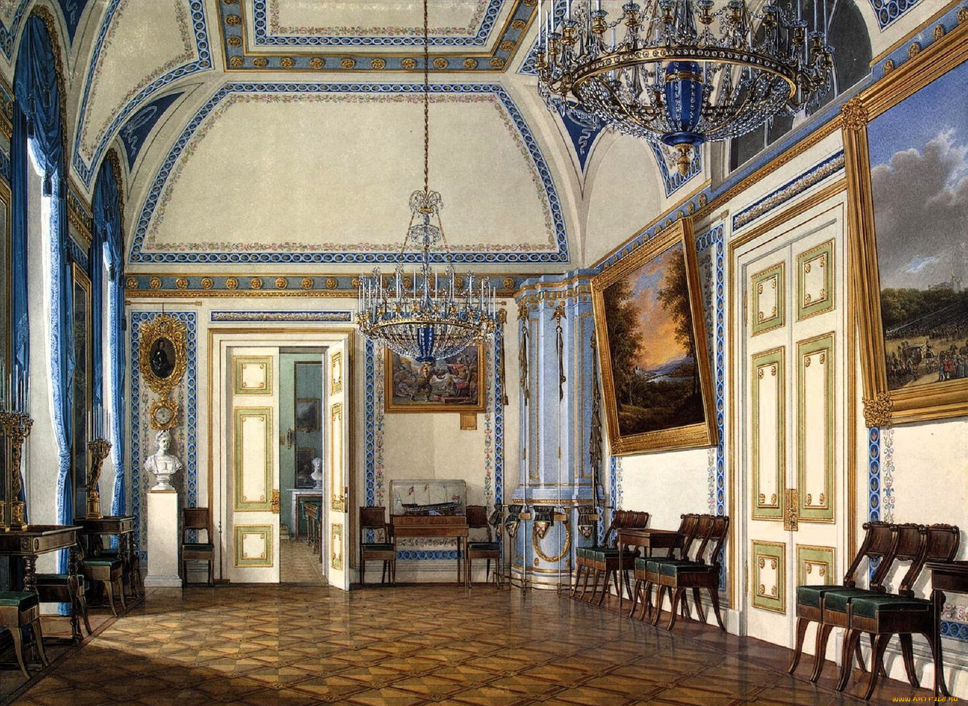 рисованное, эдуард, гау, дворец, интерьер, зал, лепнина, люстра, двери, картины, стулья