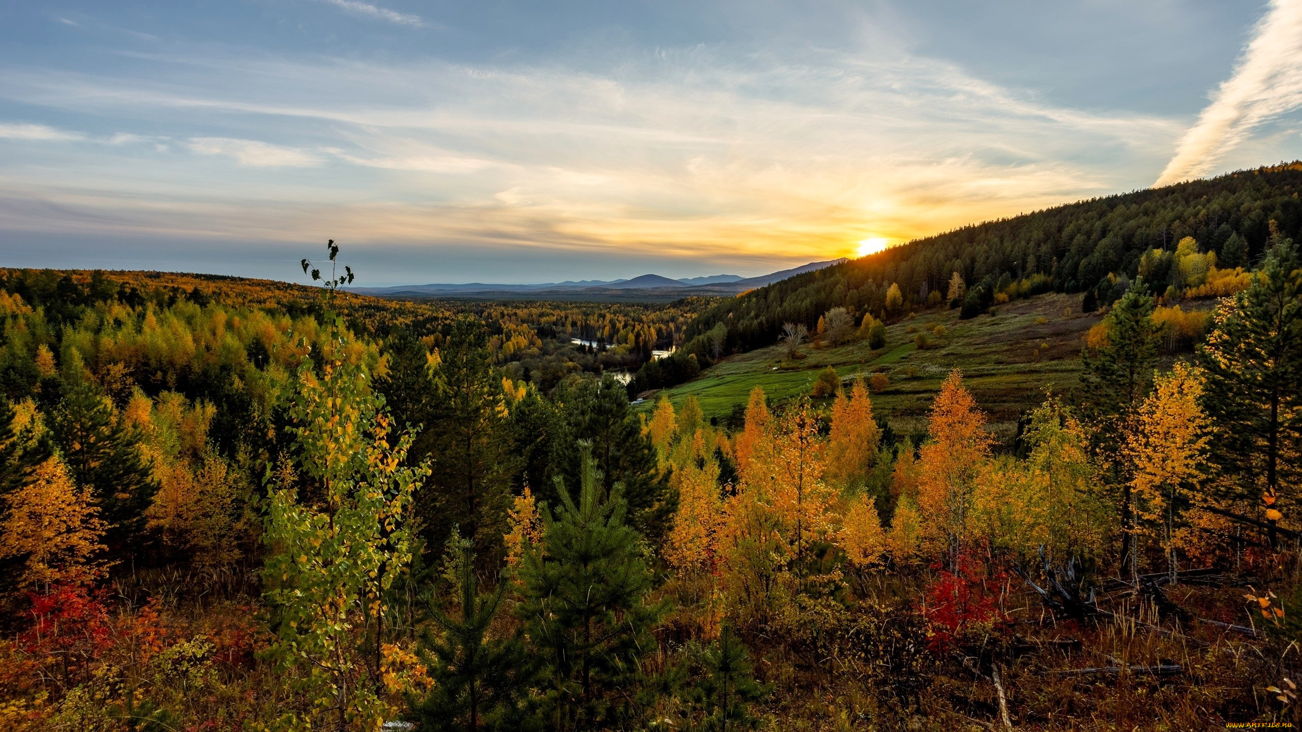 природа, горы, закат, река, лес, осень