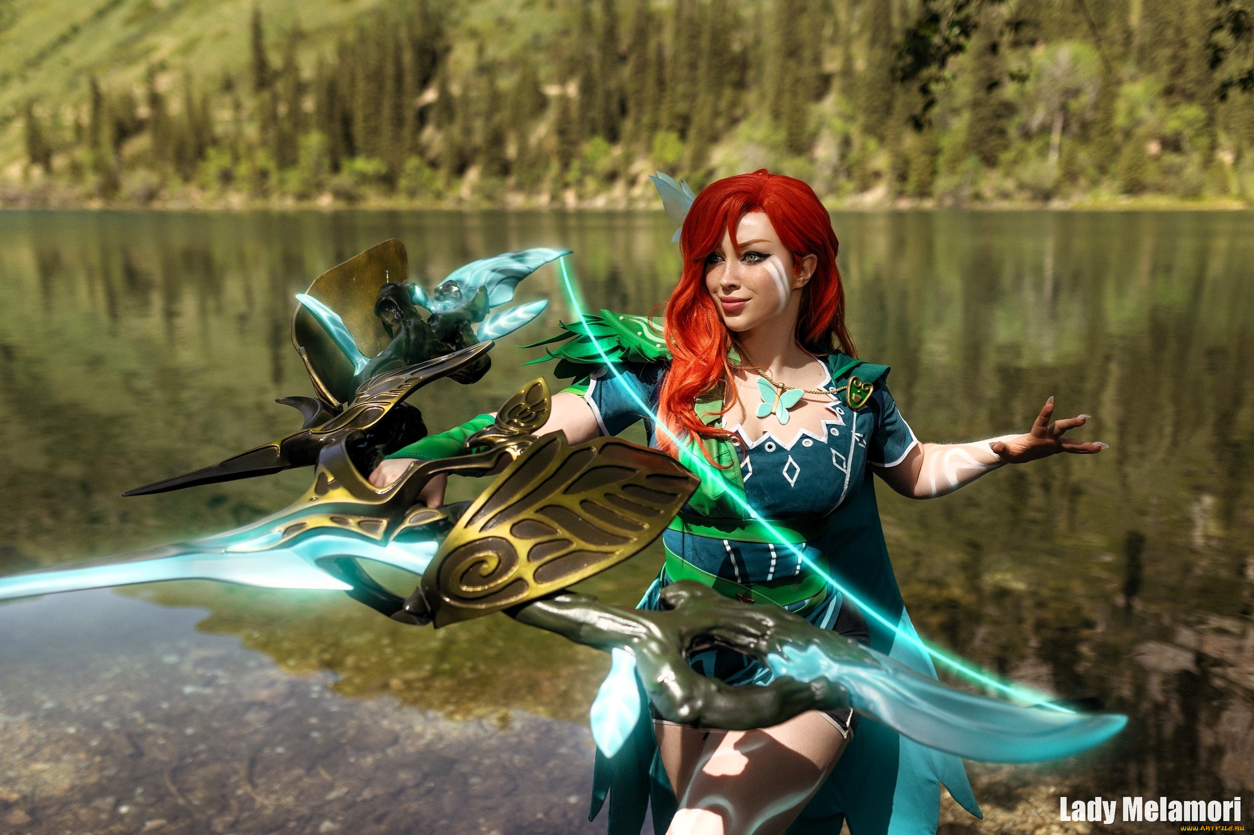 девушки, мария, давыдова, , lady, melamori, образ, косплей, наряд, костюм, лук, озеро, горы, лес