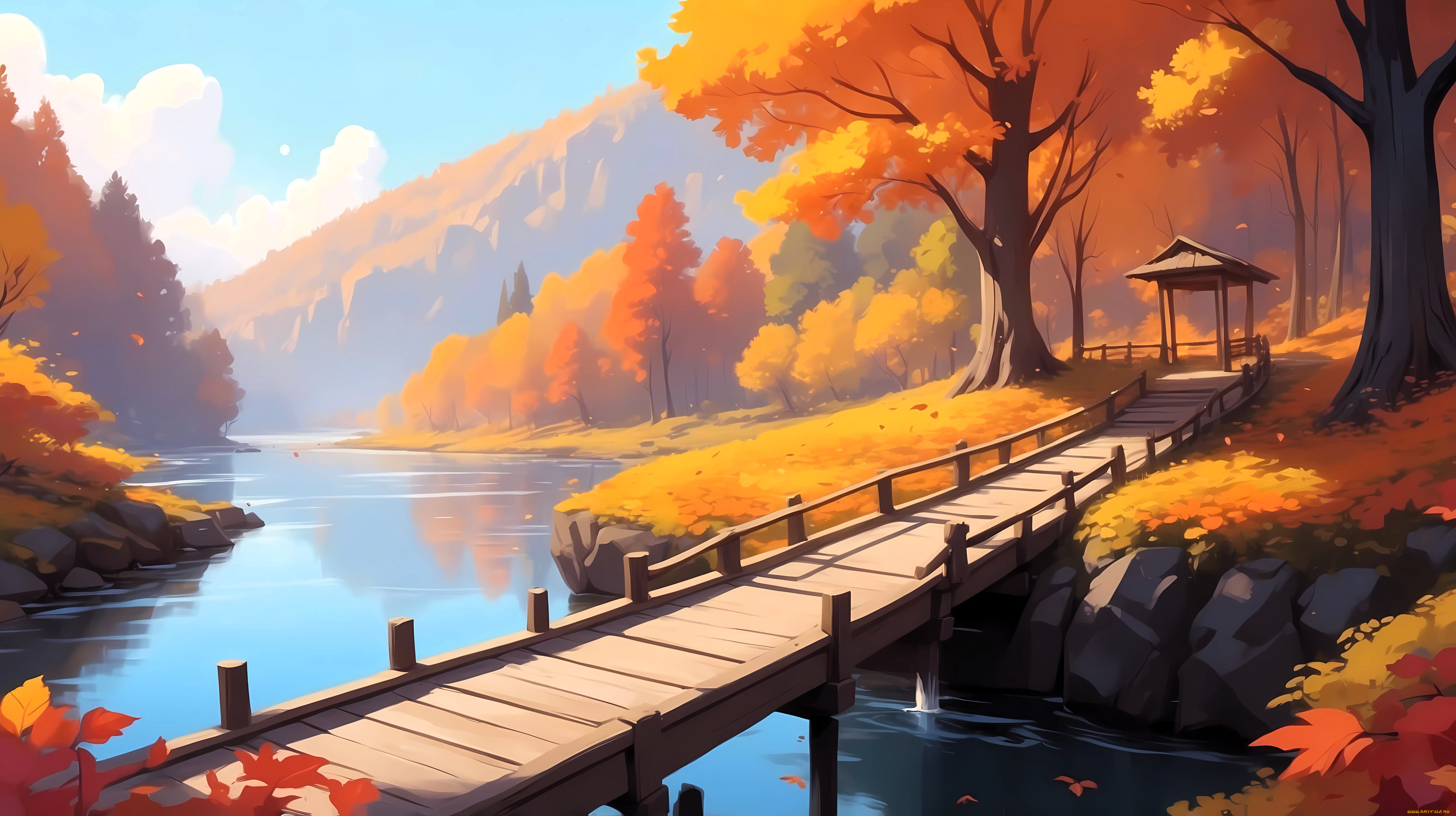 рисованное, природа, горы, осень, лес, река, мост