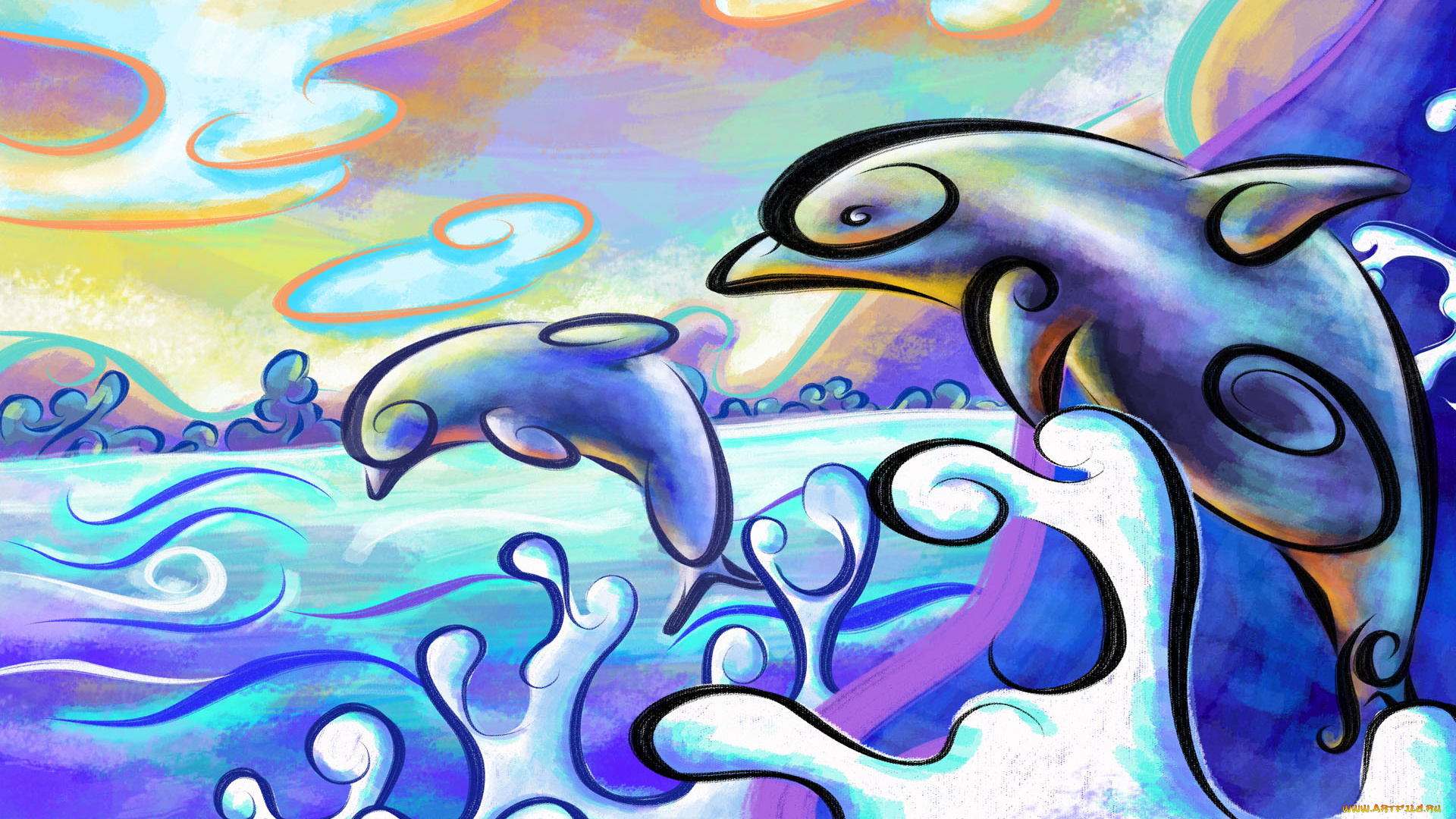 рисованные, животные, дельфины