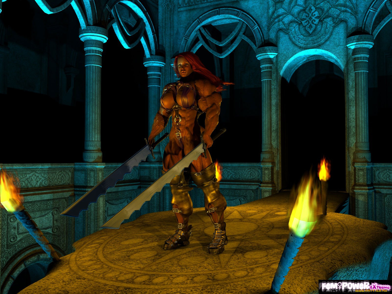 3д, графика, fantasy, фантазия, доспехи, девушка, факелы, оружия