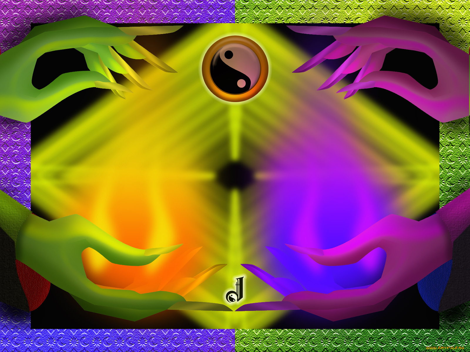 3д, графика, yin, yang, инь, Янь, инь-Янь, руки, цвета