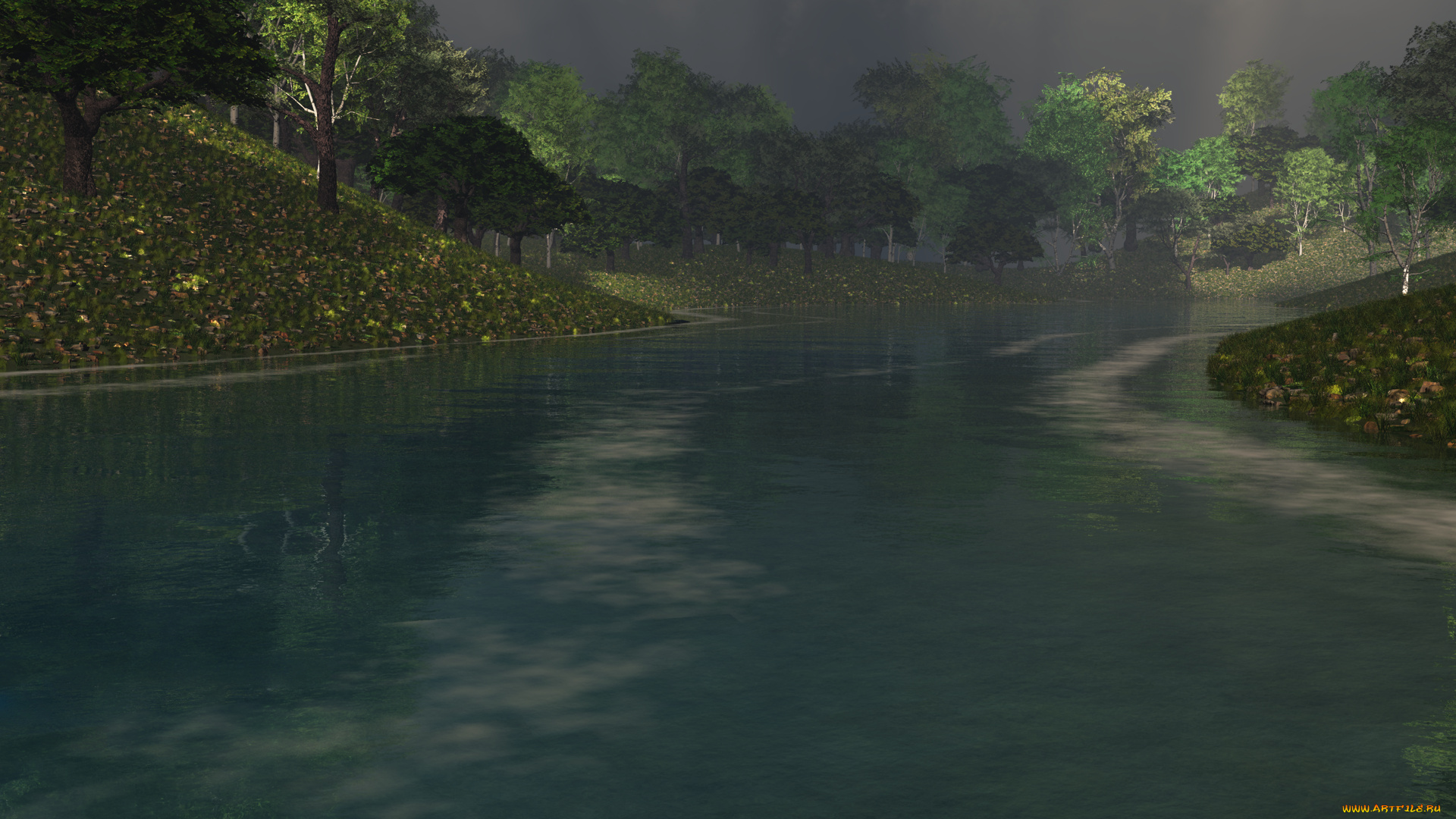 3д, графика, nature, landscape, природа, река, деревья