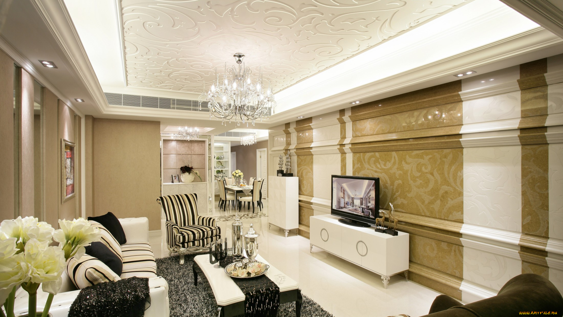 интерьер, гостиная, картина, диван, цветы, книга, подушки