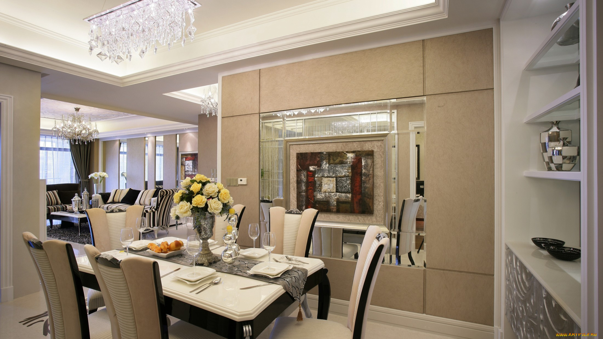 интерьер, столовая, цветы, стол, стулья