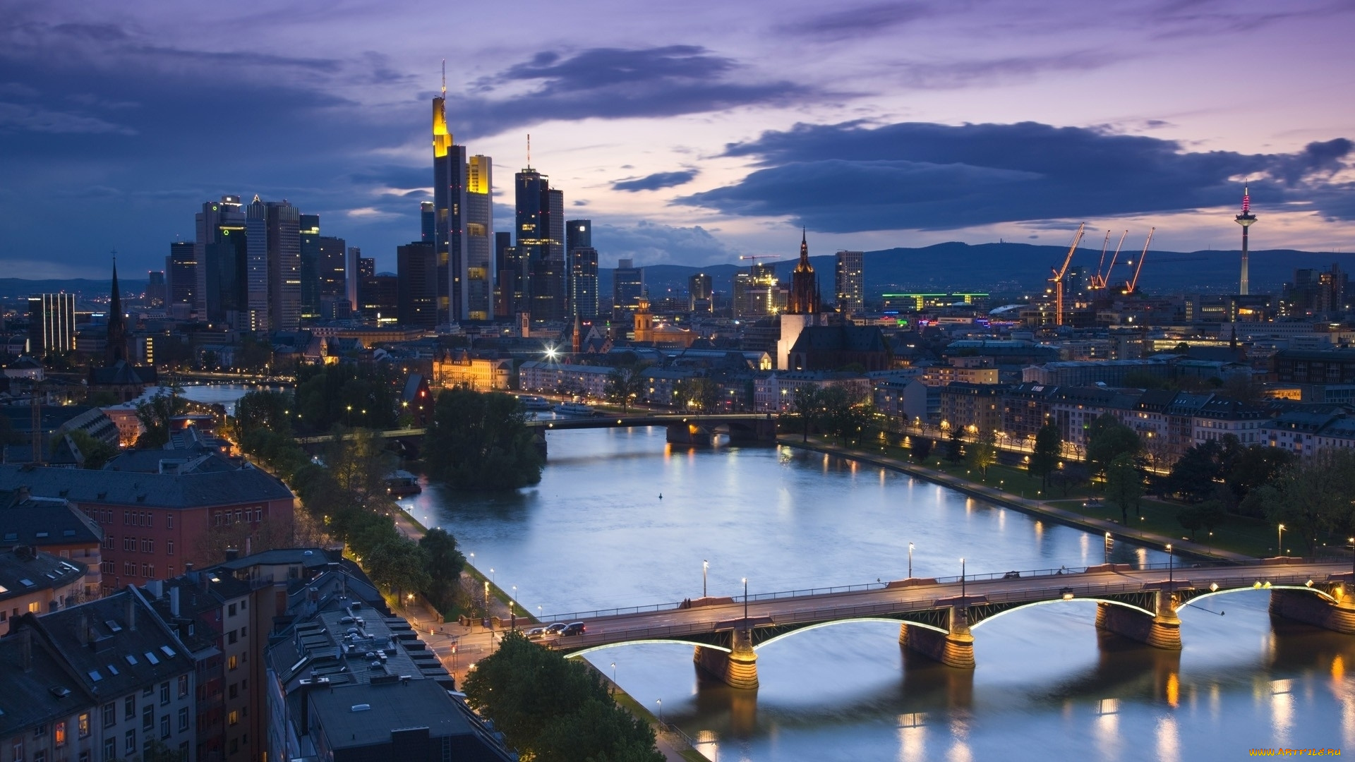 frankfurt, am, main, города, огни, ночного, вечер, франкфурт, германия, река, мосты
