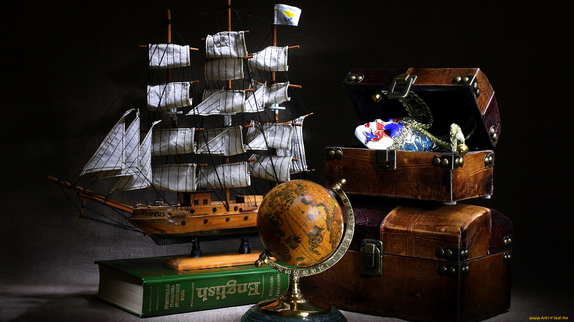 разное, глобусы, карты, сундуки, книга, парусник, глобус