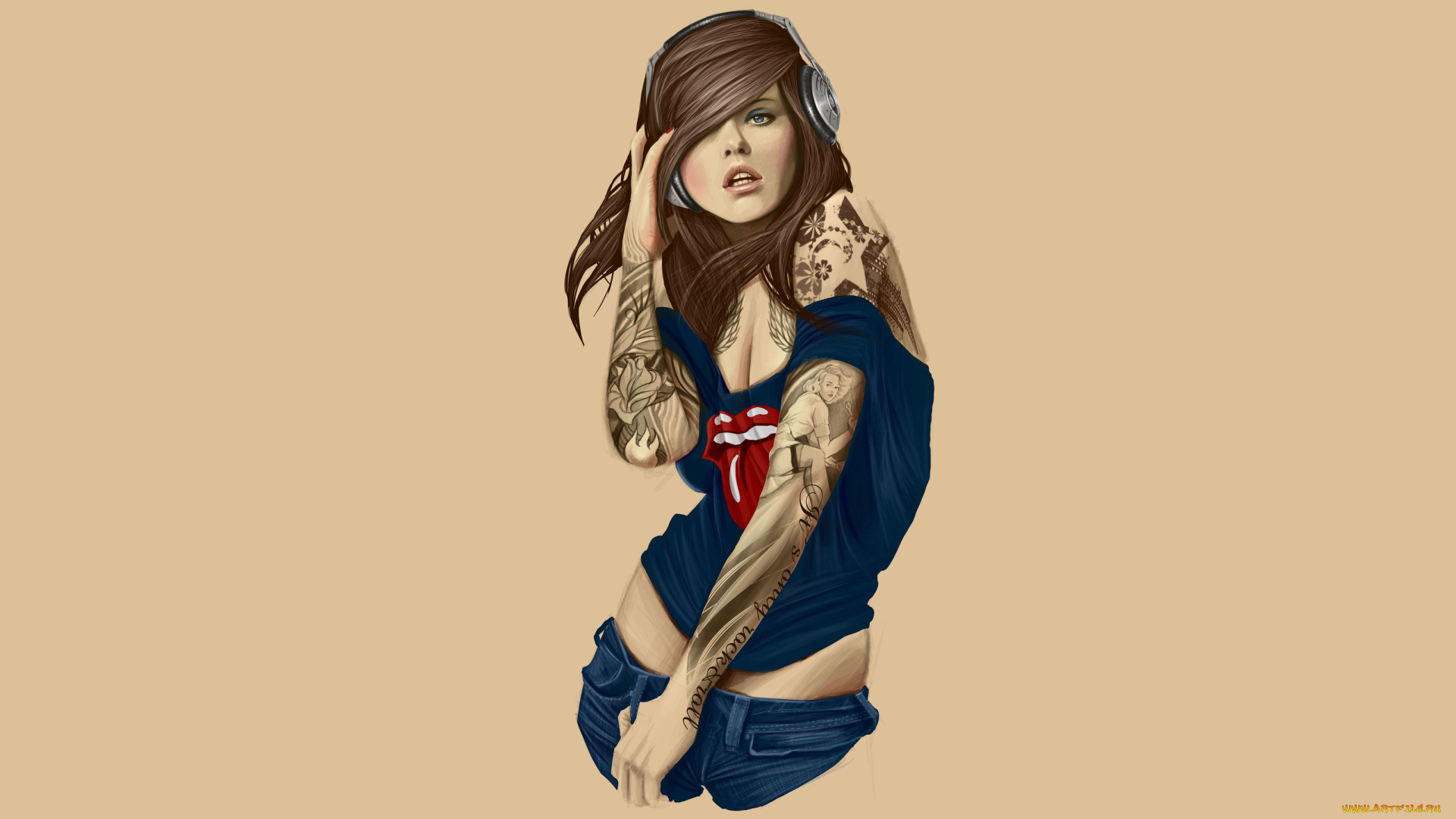 рисованные, люди, наушники, татуировки, девушка