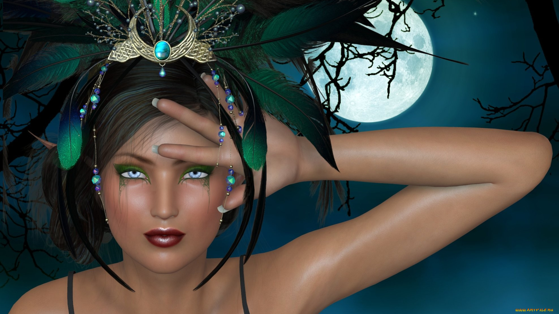 3д, графика, fantasy, фантазия, луна, девушка