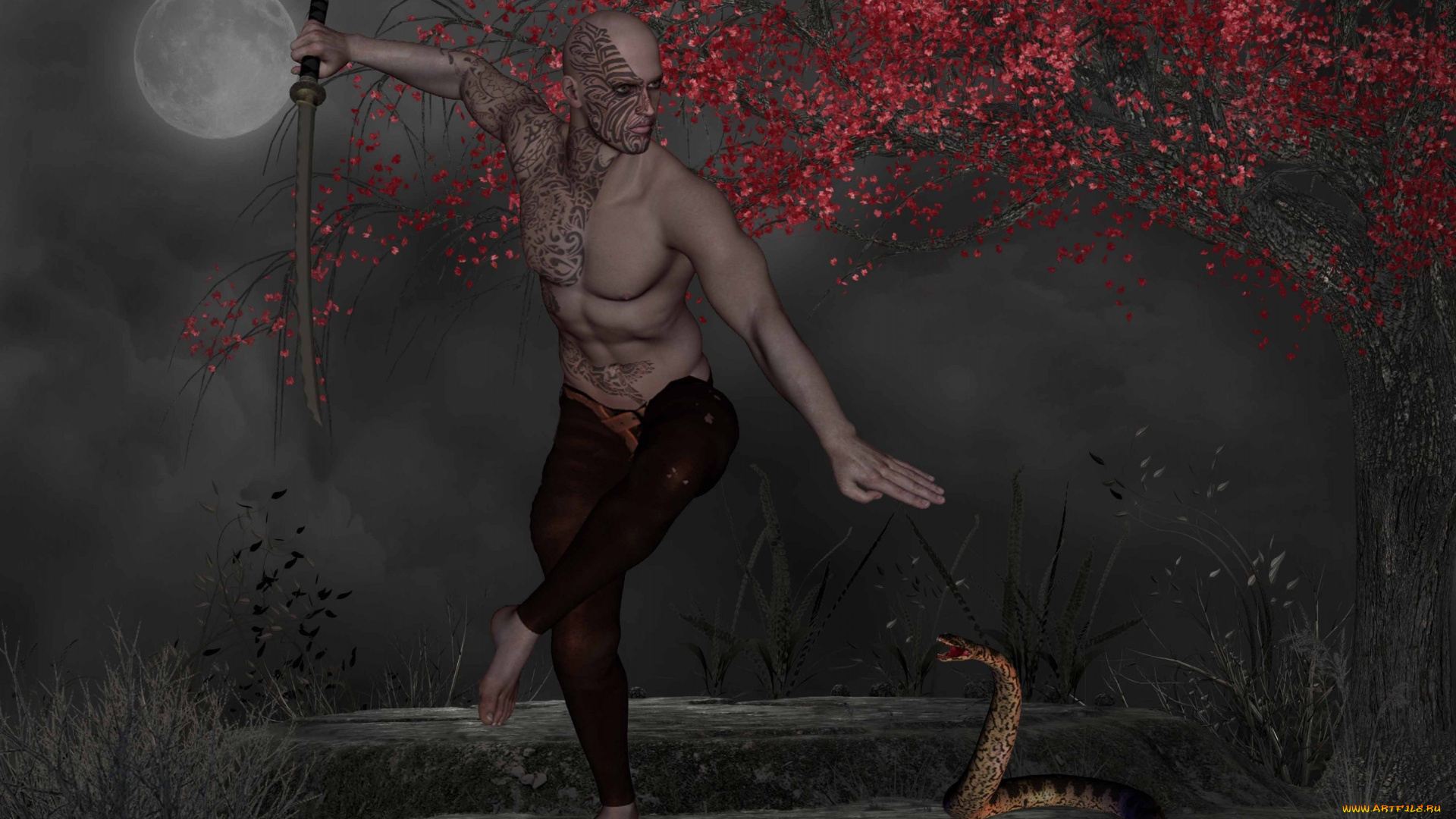 3д, графика, fantasy, фантазия, меч, луна, змея