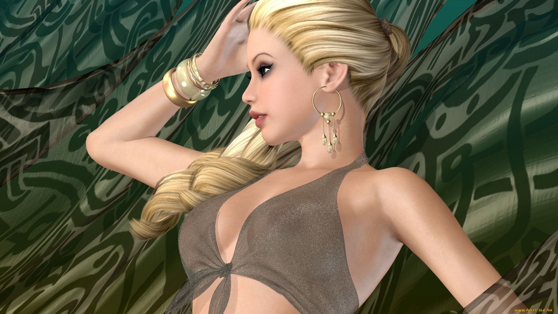 3д, графика, people, люди, девушка, блондинка, грудь, серьги