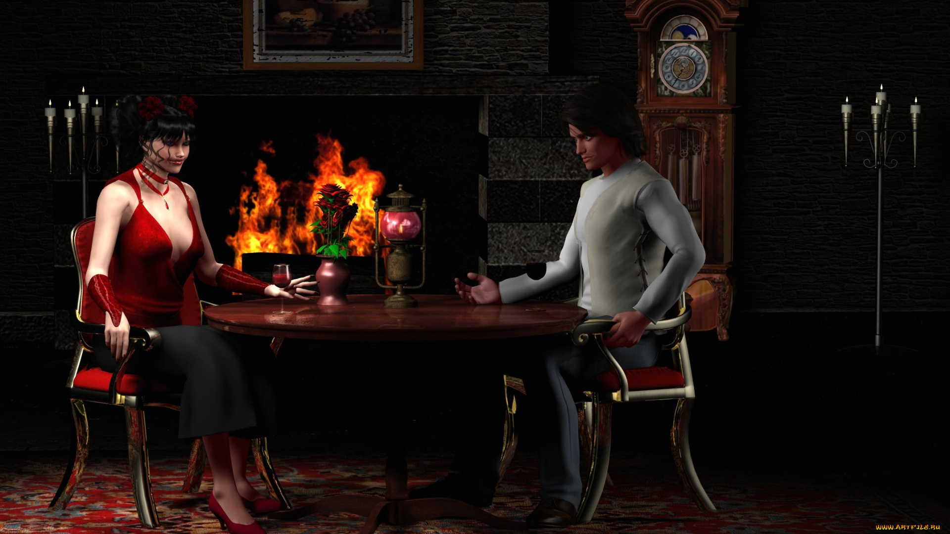 3д, графика, people, люди, стол, камин