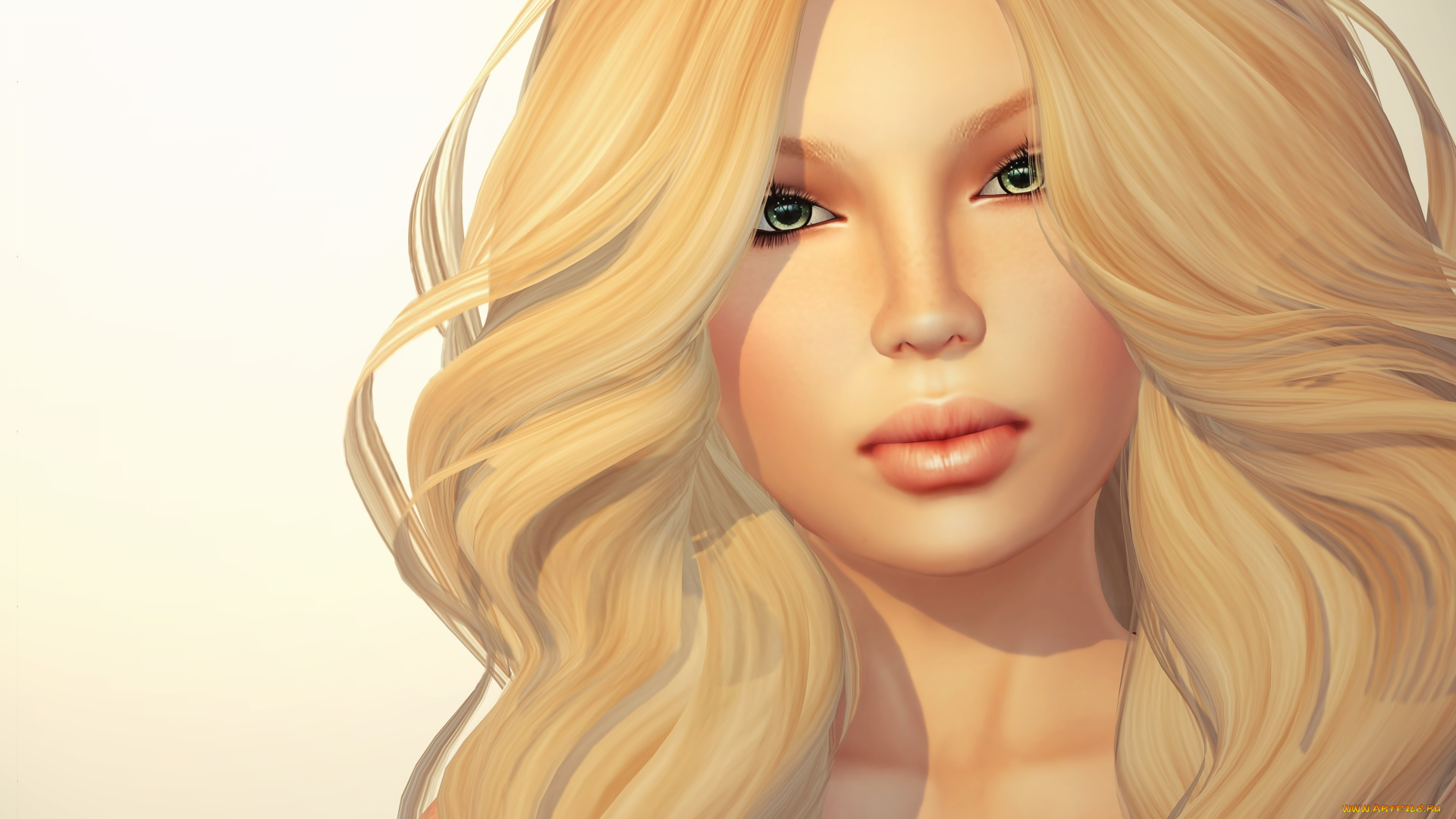 3д, графика, portraits, портрет, волосы, блондинка, взгляд, лицо