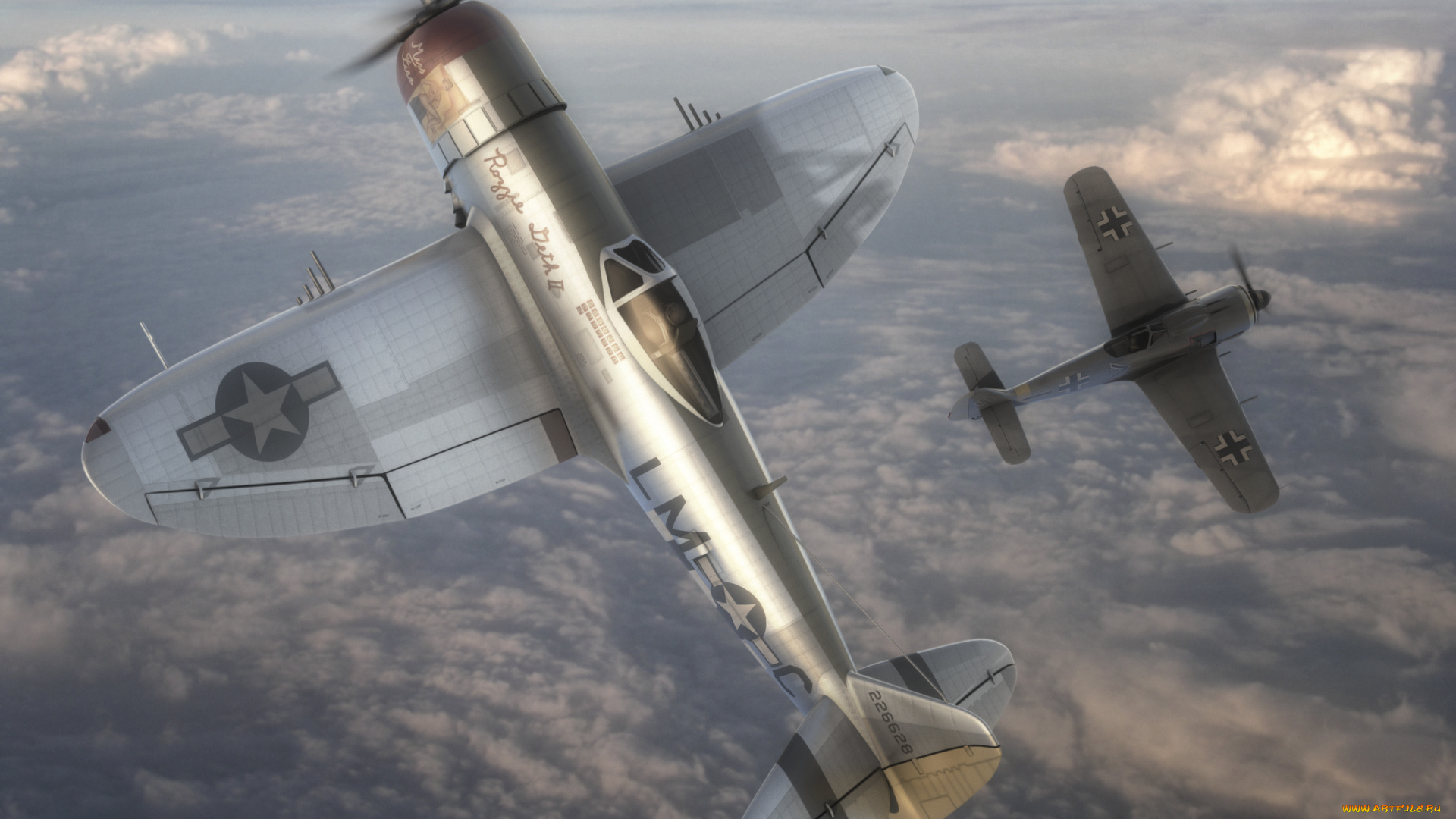 авиация, 3д, рисованые, graphic, небо, самолеты, p-47, vs, истребители, полет, focke-wulf, fw, 190