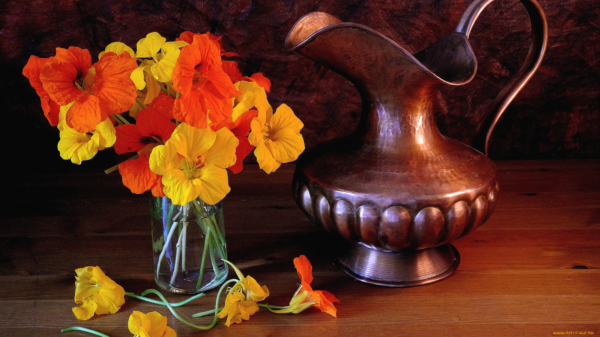 цветы, настурции, кувшин, букет