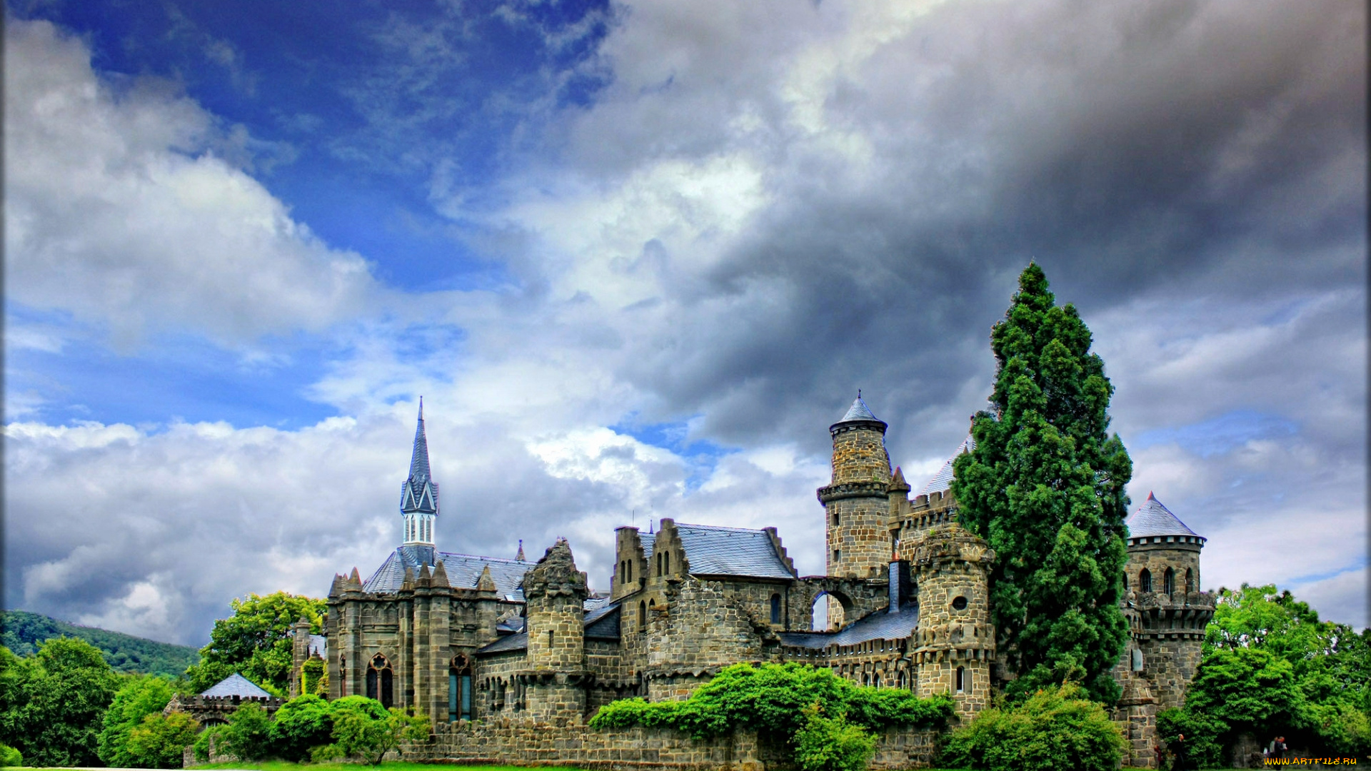 германия, гессен, кассель, города, исторические, архитектурные, памятники, дорога, лес, замок, облака, поле